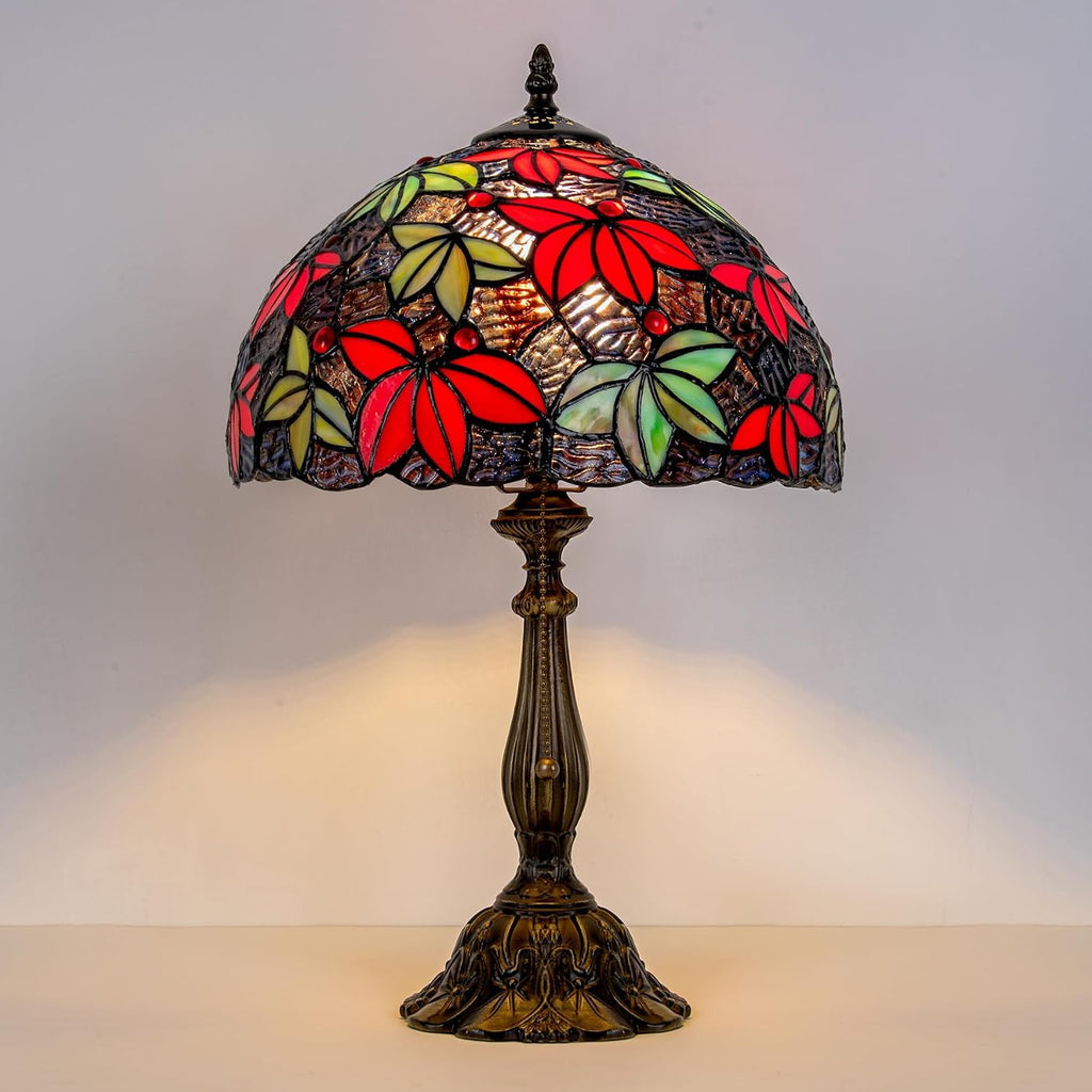 Tiffany Style Table Lamp, 12 Inch Stained Glass Bedside with Red Green Maple Leaf Design Vintage Handcrafted Nightstand Lamp for Reading Living Room Bedroom Office