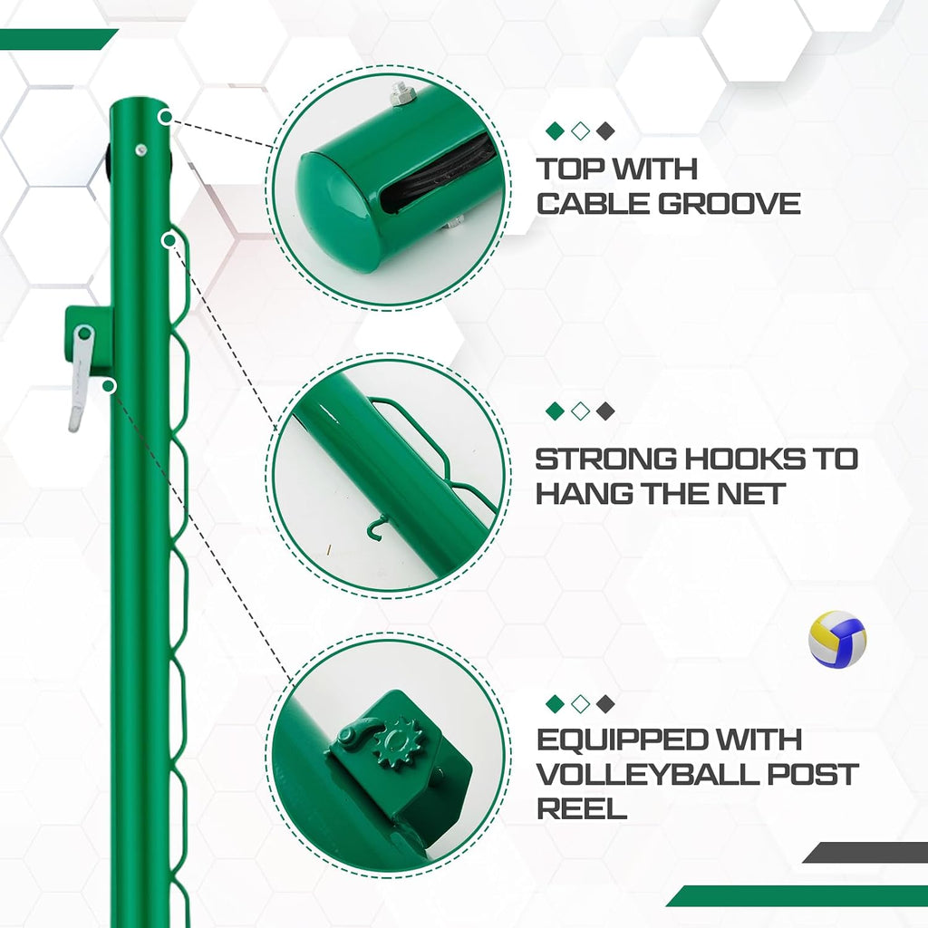 Tennis Posts with Net Crank Outdoor Heavy Duty Professional Green Tennis Permanent Court Kit for Net Quick Fixation System Equipped with a Cable Reel(Round,42 inches)