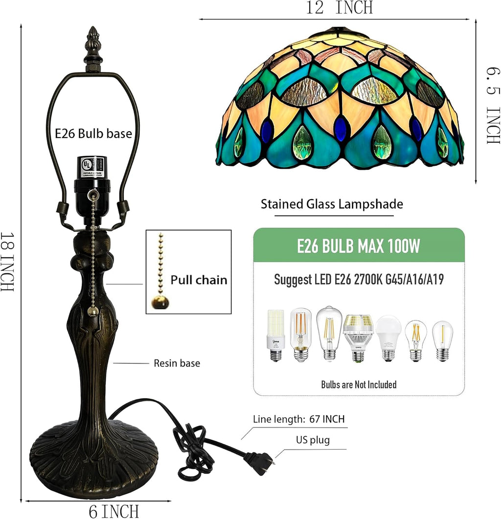 Tiffany Lamp Stained Glass Table Lamp Bedside Reading Lamp 12 x 19' Blue Phoenix Tail Style Decorative Lamp for Desk Study Living Room Bedroom Office Decor Gift