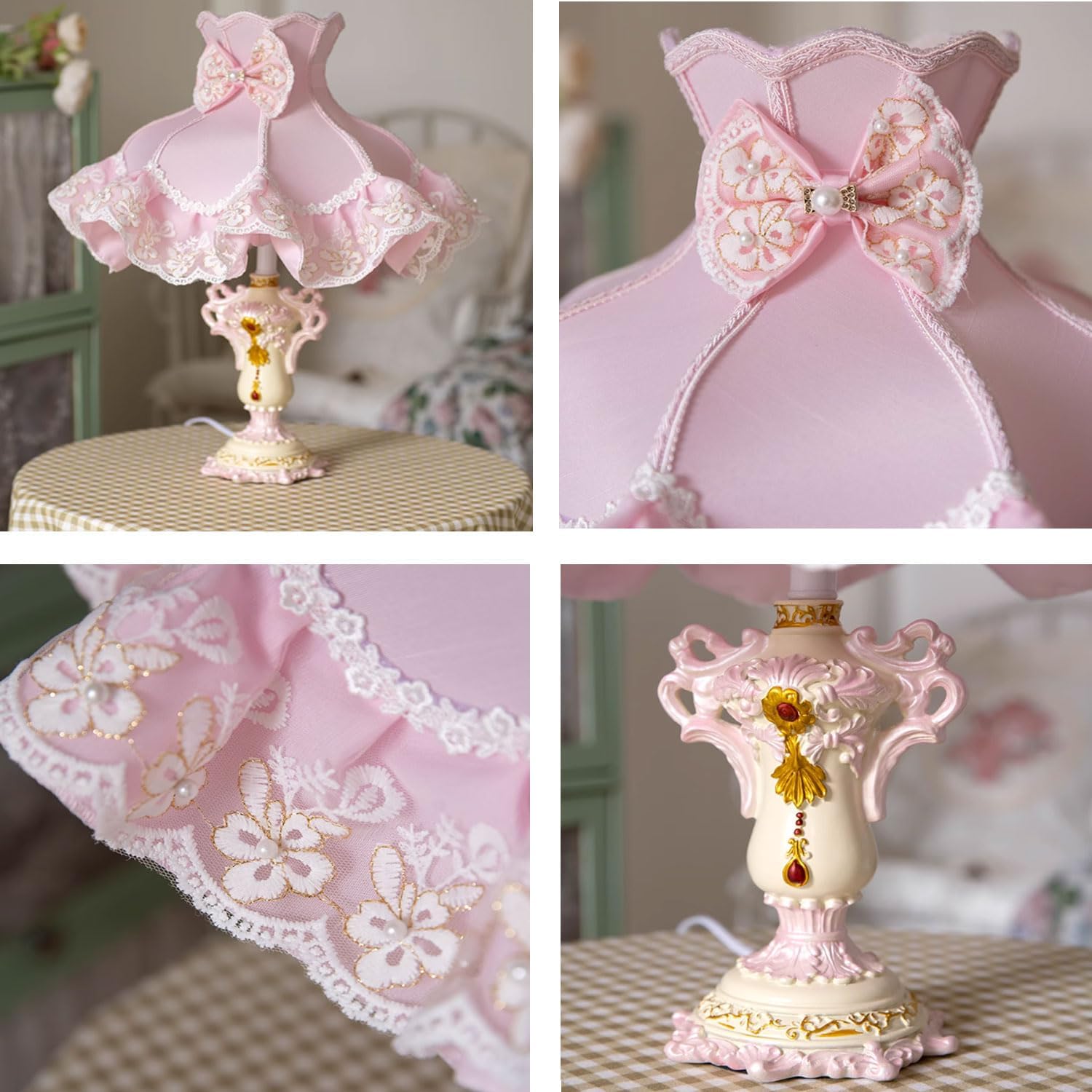 European Style Pink Table Lamps Victorian Desk Lamp American Retro Handmade Fabric Lampshade with Resin Lamp Body Bedside Lamp for Girl's Bedroom Office Living Room