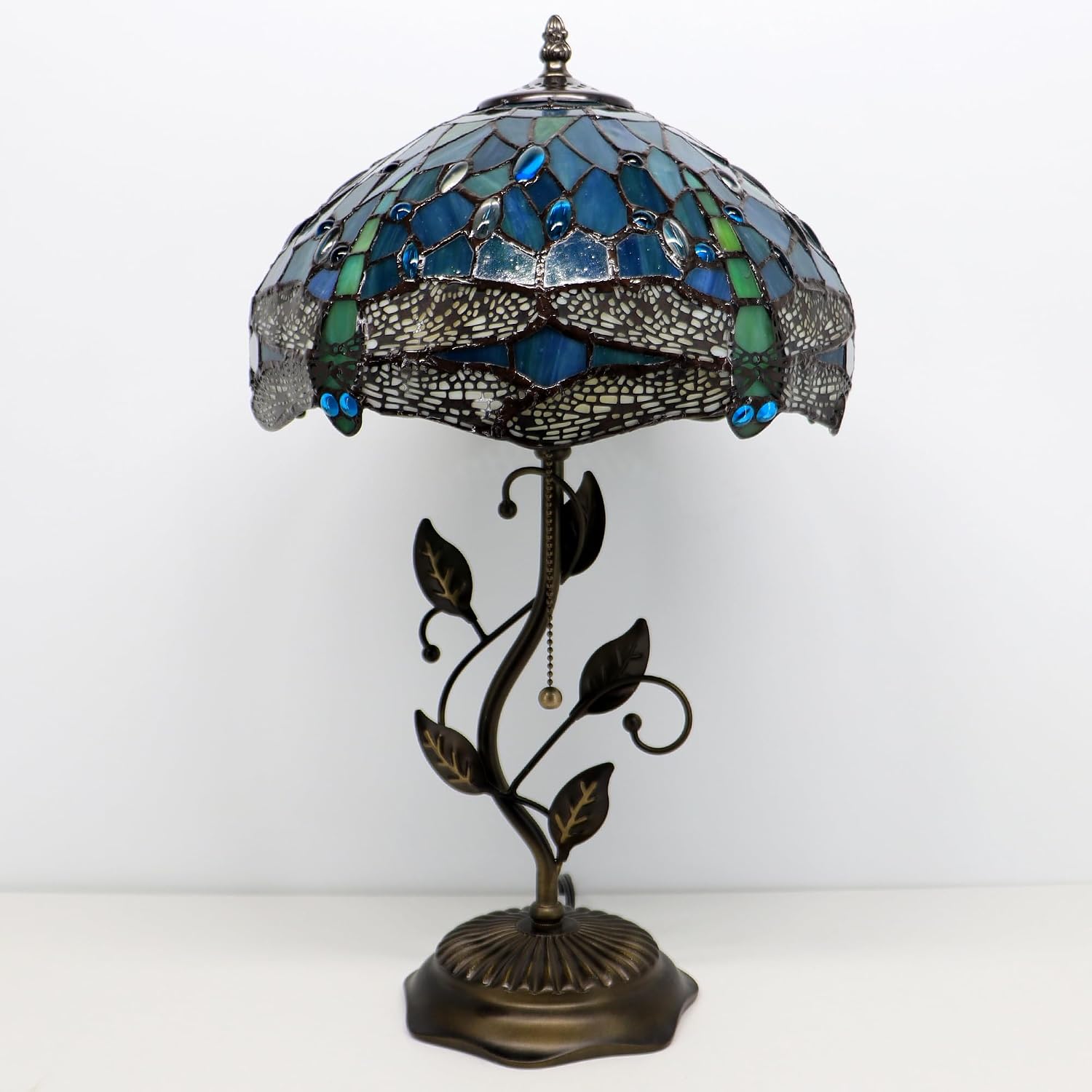 Tiffany Lamp Sea Blue Dragonfly Style Stained Glass Table Lamp Desk Bedside Reading Light 12X12X19 Inches with Metal Leaf Base