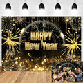 Glitter Happy New Year 2025 Photo Backdrop 20x10ft Black Gold Banner Clock Countdown to New Year Background Gold Fireworks Light Spots Streamer Winter Family Party Portrait Supplies Props