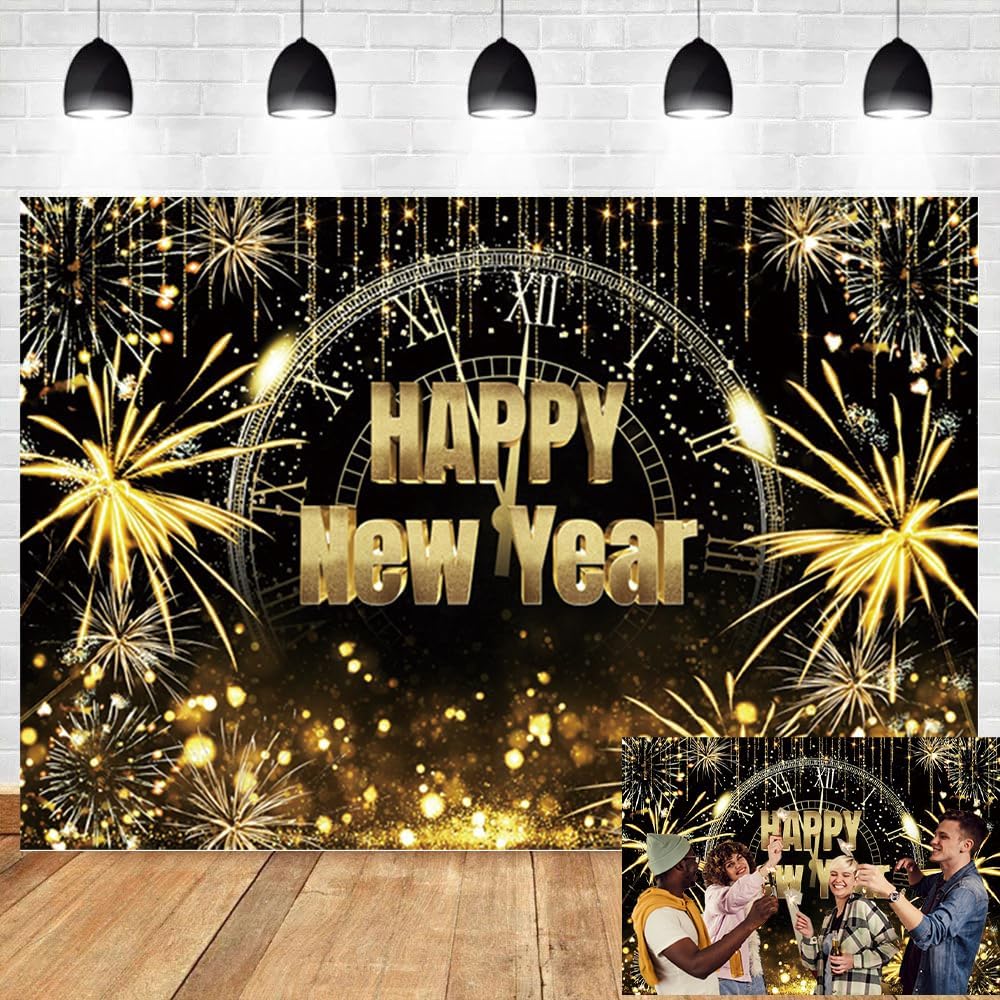 Glitter Happy New Year 2025 Photo Backdrop 20x10ft Black Gold Banner Clock Countdown to New Year Background Gold Fireworks Light Spots Streamer Winter Family Party Portrait Supplies Props