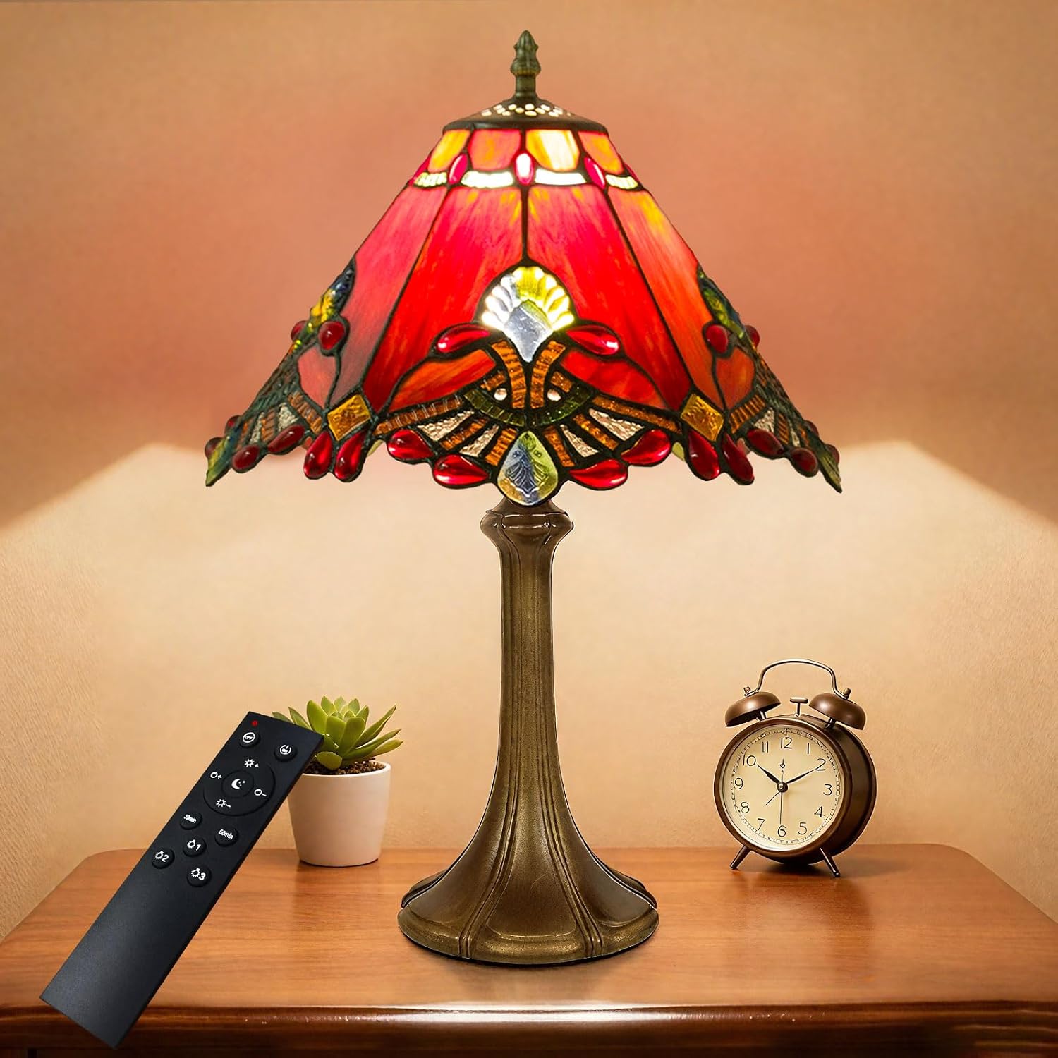 12 Inch Baroque Style Tiffany Table Lamp, Vintage Stained Glass Desk Lamp with Remote Control, 3 Color Temperature & Brightness Level for Office Home Bedroom Living (Red)