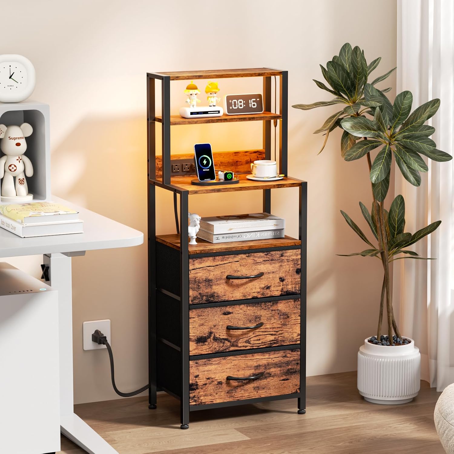 Furnulem Night Stand Set 2, LED nightstand Set of 2 with Charging Station, Bedside Table with Storage Shelf and 3 Fabric Drawers, Bed Side Table for Bedroom, Home Office, Dorm