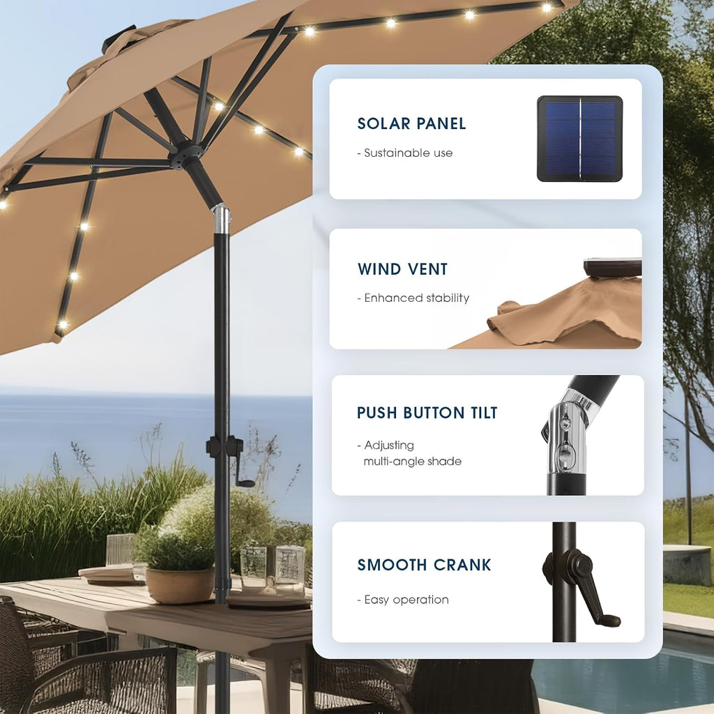 wikiwiki 11FT Solar Led Patio Umbrella with Base Included, 32 LED Lights, 8 Sturdy Ribs, Fade Resistant Waterproof POLYESTER DTY Canopy for Garden, Lawn, Deck, Backyard & Pool, Tan