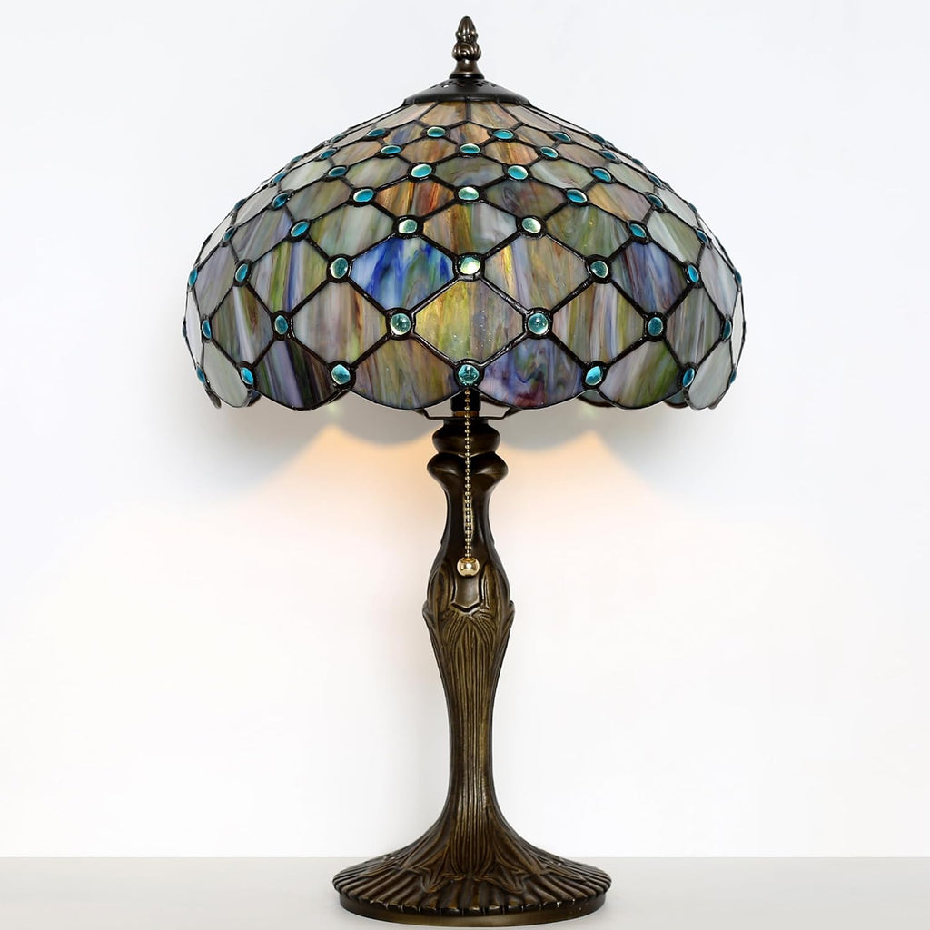 Tiffany Lamp Stained Glass Table Lamp 12' x 19' Blue Beads Style Decorative Lamp Bedside Reading Lamp for Desk Living Room Bedroom Office Study Light Home Decor Gift
