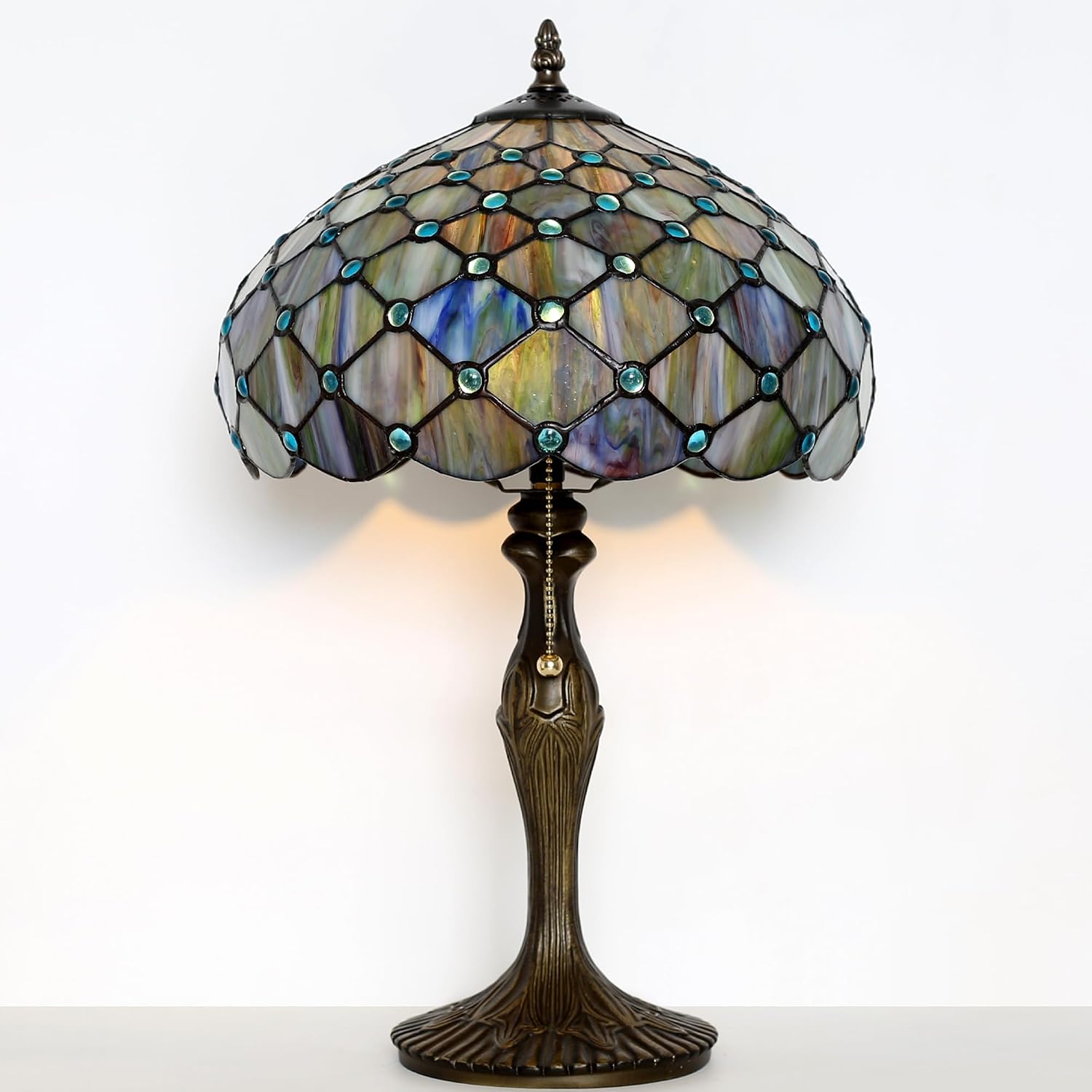 Tiffany Lamp Stained Glass Table Lamp 12' x 19' Blue Beads Style Decorative Lamp Bedside Reading Lamp for Desk Living Room Bedroom Office Study Light Home Decor Gift