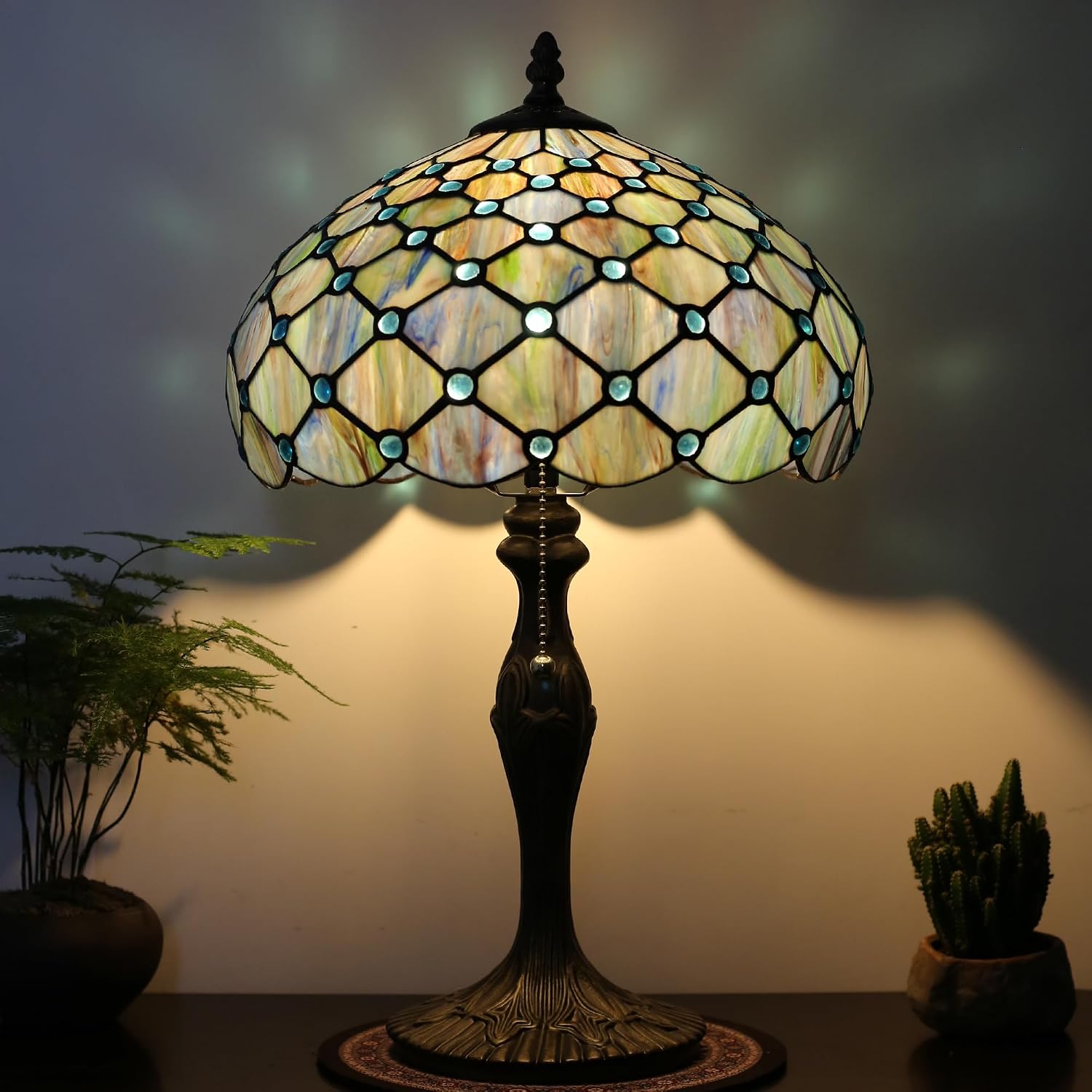 Tiffany Lamp Stained Glass Table Lamp 12' x 19' Blue Beads Style Decorative Lamp Bedside Reading Lamp for Desk Living Room Bedroom Office Study Light Home Decor Gift