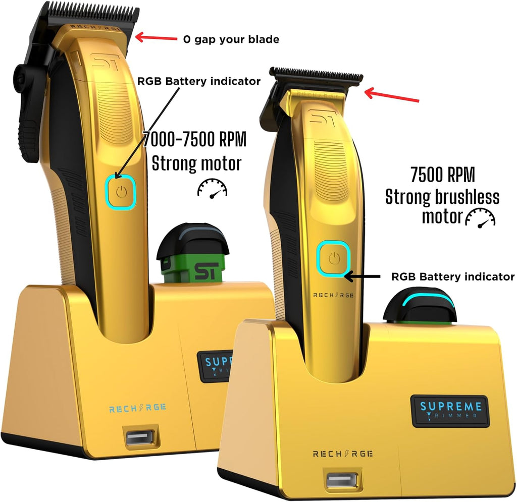 Supreme Trimmer 2-in-1 Recharge Hair Clipper & Beard Trimmer Combo | 7500 RPM, Removable Battery, Smart USB Charging Base | STC779 + ST777