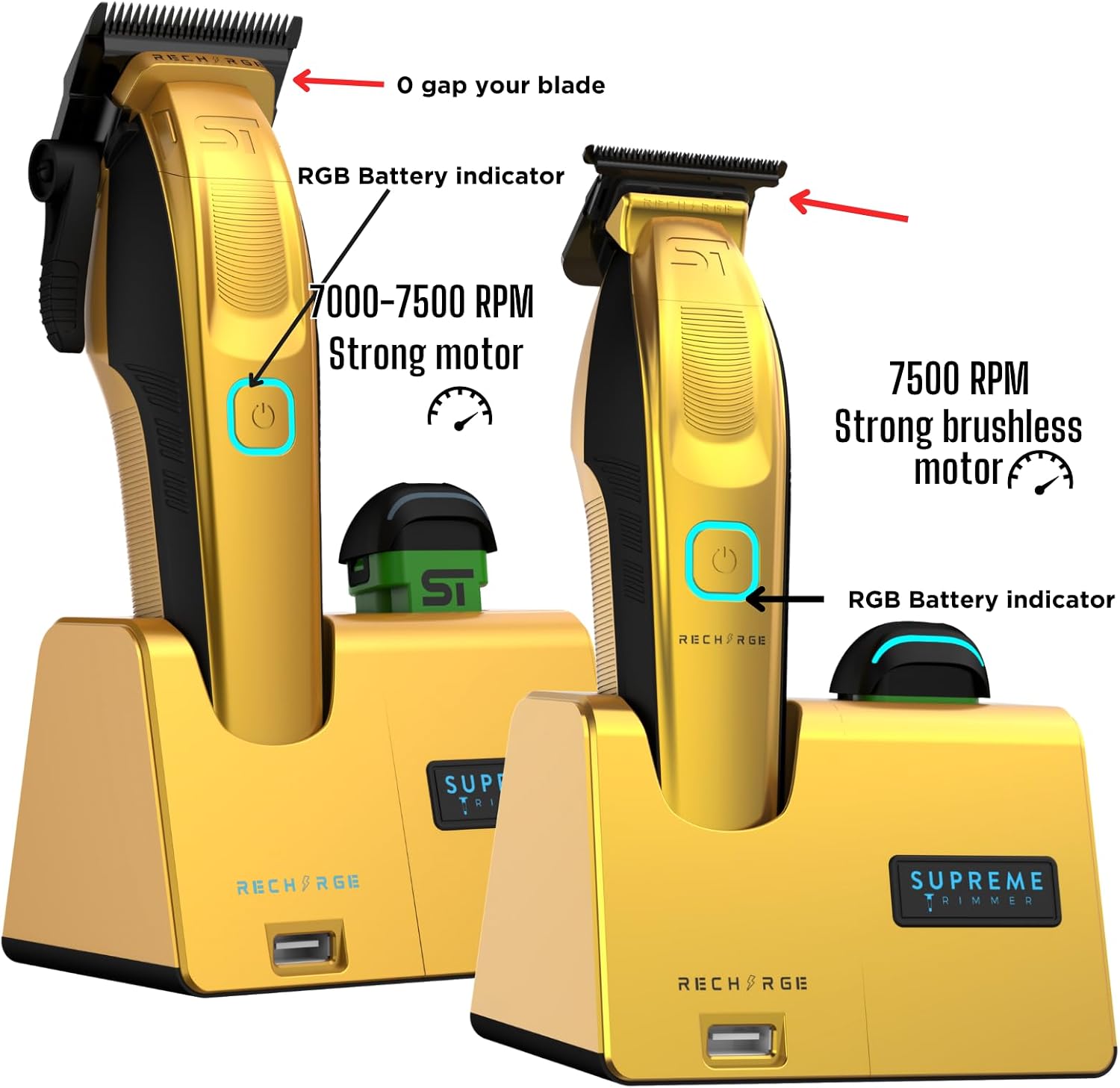 Supreme Trimmer 2-in-1 Recharge Hair Clipper & Beard Trimmer Combo | 7500 RPM, Removable Battery, Smart USB Charging Base | STC779 + ST777