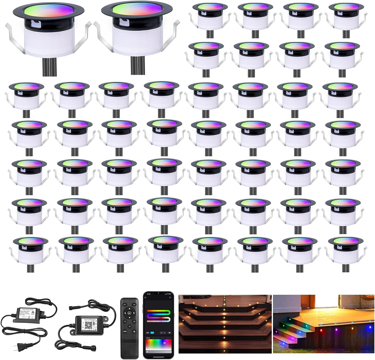 FVTLED LED Deck Lights Kit, Φ1.22 Low Voltage WiFi Pixel RGBW+IC Multi-Color Dynamic Deck Lighting with Remote Control, IP67 Waterproof Outdoor Step Lights DC12V for Garden,Steps,Stair(50 Pack, Black)