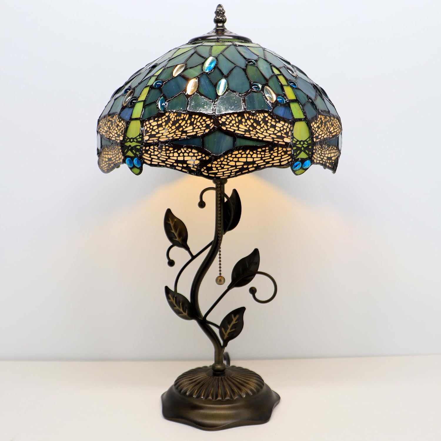 Tiffany Lamp Sea Blue Dragonfly Style Stained Glass Table Lamp Desk Bedside Reading Light 12X12X19 Inches with Metal Leaf Base