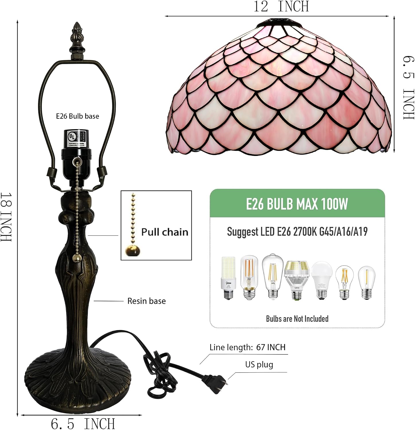 Tiffany Lamp Stained Glass Table Lamp 12' x 19' Pink Fish Scales Style Decorative Lamp Bedside Reading Lamp for Desk Living Room Bedroom Office Study Light Home Decor Gift