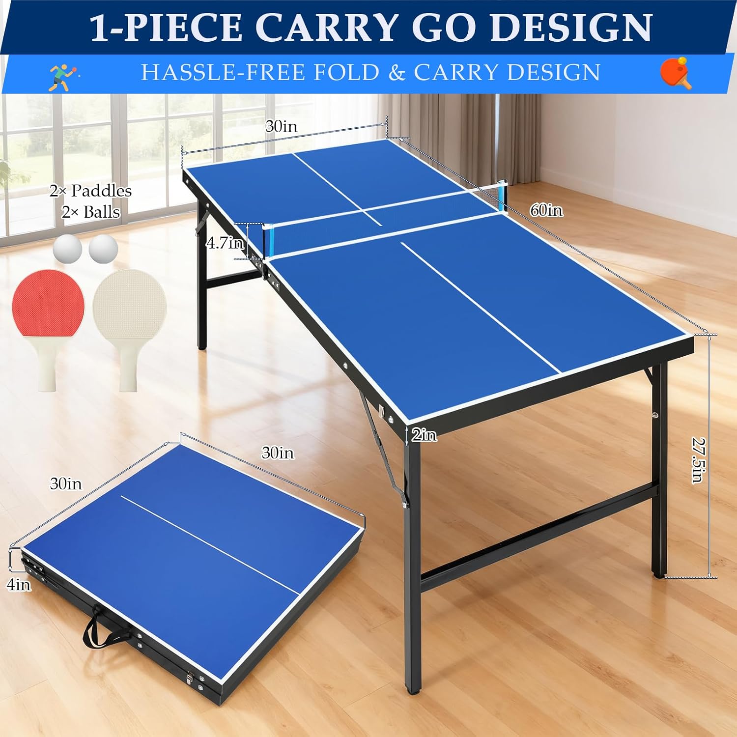 Portable Ping Pong Table, Foldable Indoor Table Tennis Tables Game, Folding Indoor Table Tennis w/ 2 Paddles, 2 Balls and Net for Adults/Teens, Quick Assembly