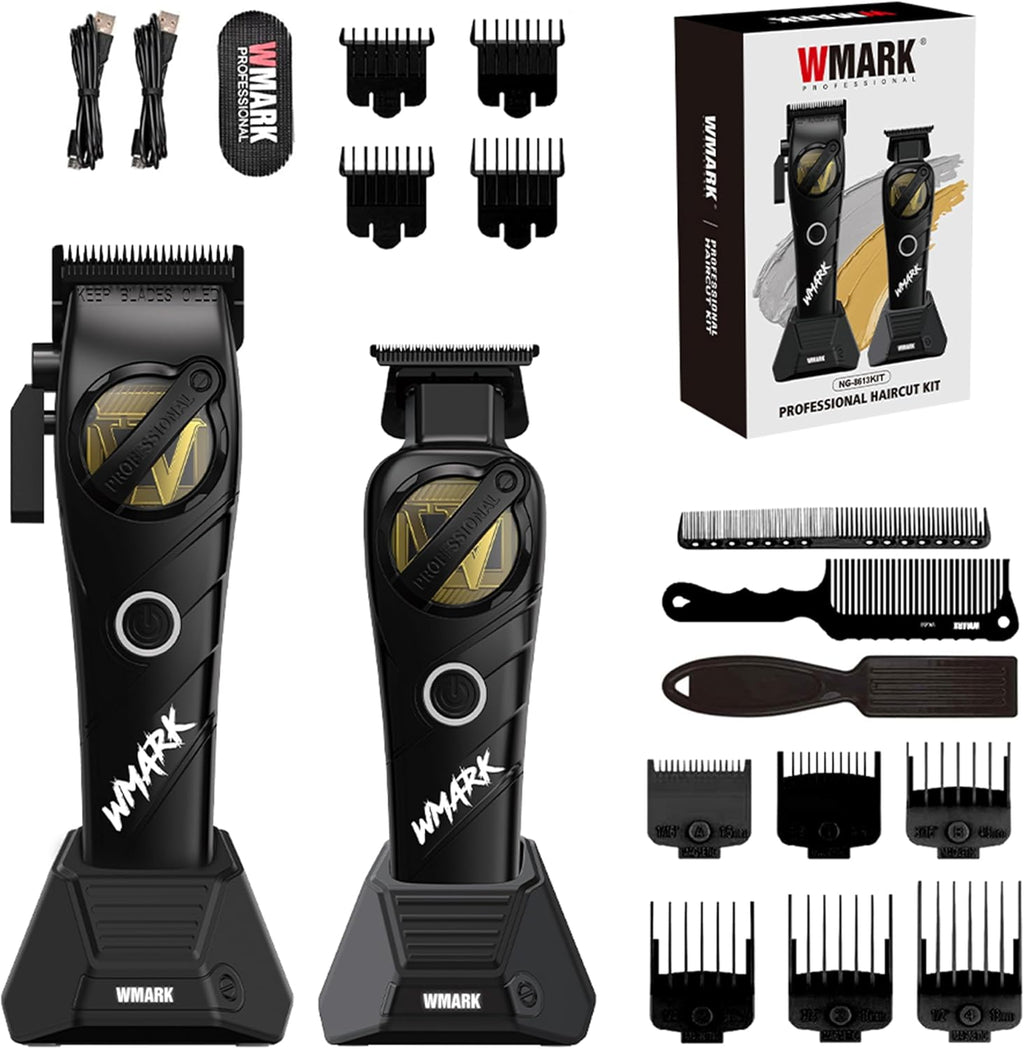 WMARK Professional 2-Piece Haircut Kit for Barber - High-Speed Clipper (7500/8500rpm) & Detail Trimmer (6500/7500rpm), Ceramic Blades, Rechargeable Lithium-Ion Batteries, NG-8613 KIT (Black)