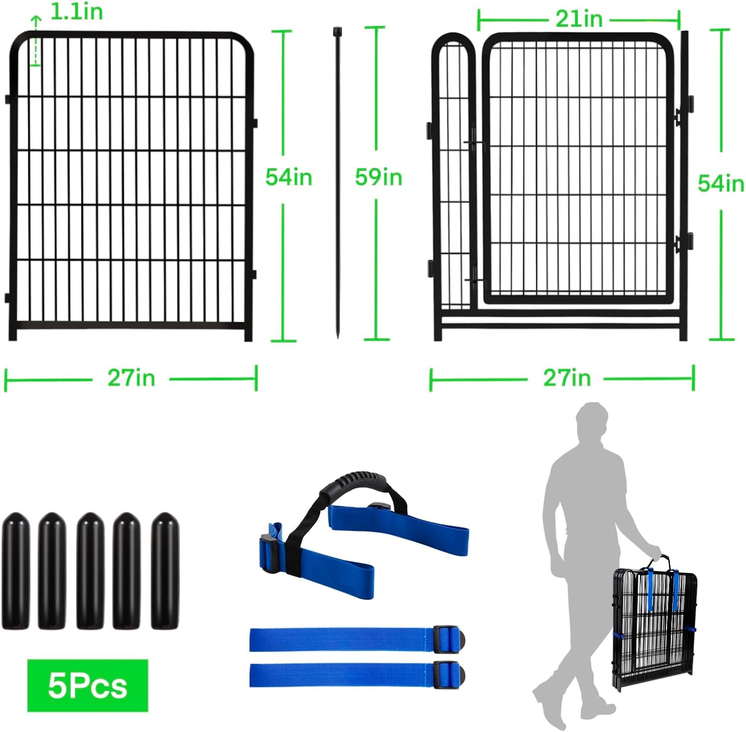 Tall Garden Fences and Borders, 54 in(H) Dog Fences for The Yard, 4 Panels Total 8.9 Ft Long, Gate 21 Inches Wide with Low Sills. Dog Fence Outdoor or Indoor. Fencing for Garden Beds