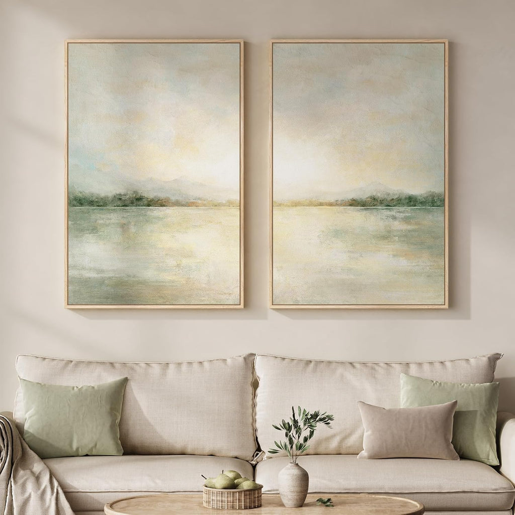 mxart Framed Sage Green Abstract Wall Art for Living Room, Large Set of 2 Abstract Landscape Canvas Artwork for Walls, Minimalist Painting Print for Bedroom Dining Room Office Hallway Wall Decor, 24x36 Inch