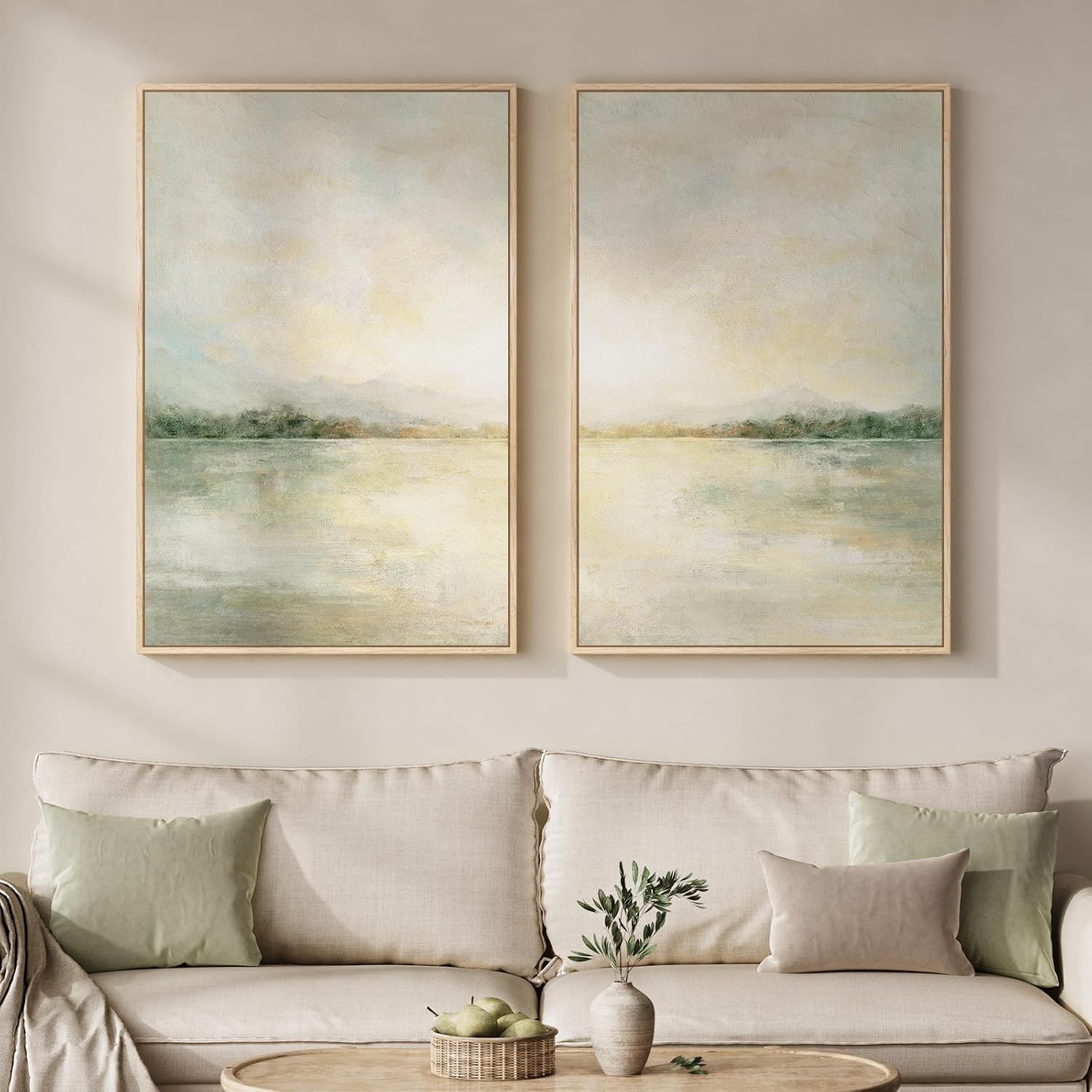 mxart Framed Sage Green Abstract Wall Art for Living Room, Large Set of 2 Abstract Landscape Canvas Artwork for Walls, Minimalist Painting Print for Bedroom Dining Room Office Hallway Wall Decor, 24x36 Inch