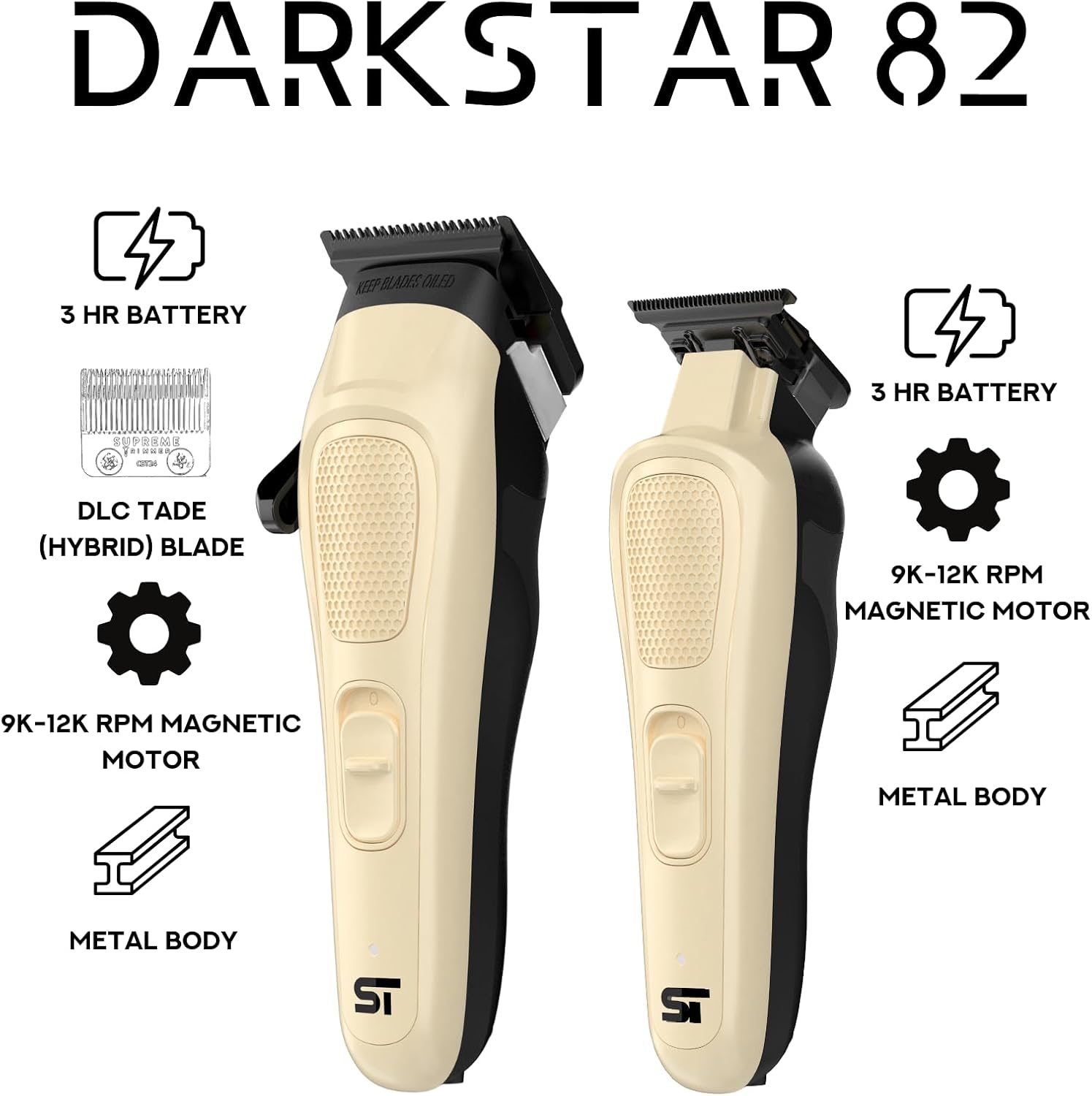 Supreme Trimmer Darkstar 82 Metal Body Clipper & Trimmer Set with Magnetic Vector Motor | 180 Min Run Time, 9100 RPM Professional Hair Clipper & Beard Trimmer | Low Noise, DLC Blades | STC82 + ST800