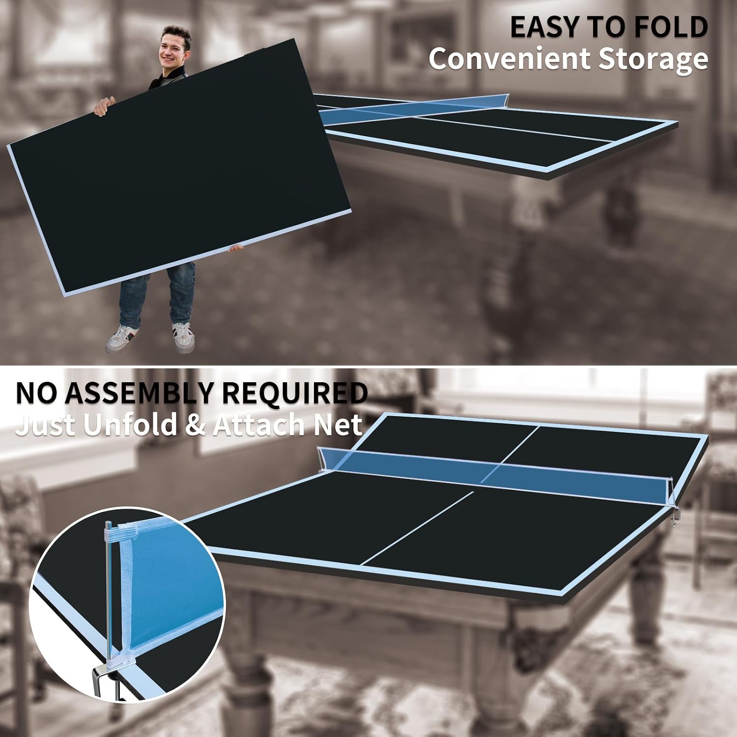 7/8/9Ft Mid-Size Ping Pong Conversion Top, Foldable & Portable Table Tennis Table Top with Net, No Assembly Needed, Indoor/Outdoor Table Tennis Surface