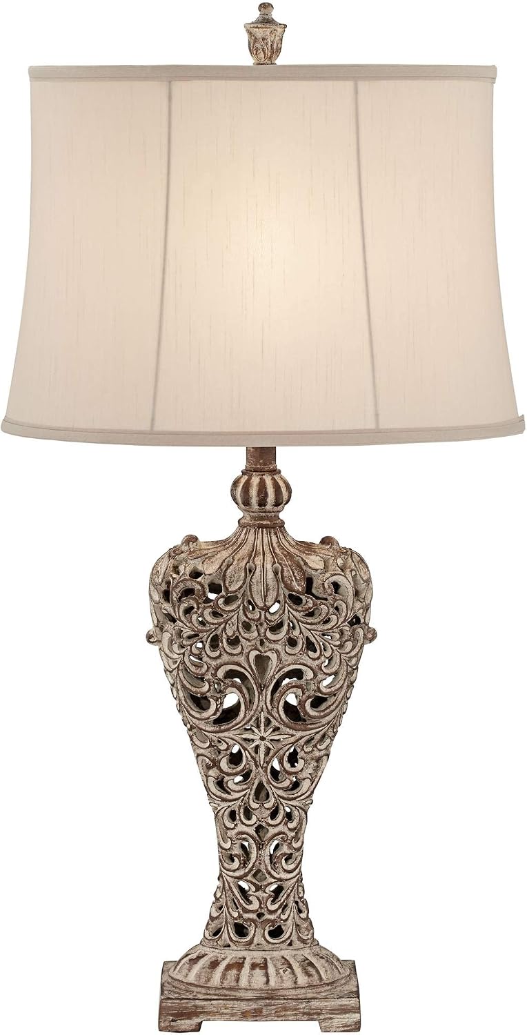 Regency Hill Elle Traditional Antique Table Lamp 33' Tall Classic Gold Open Scroll Bronze Off White Oval Shade Decor for Living Room Bedroom House Bedside Nightstand Home Entryway