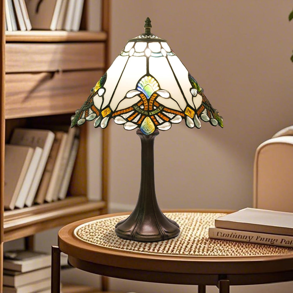 JHuiLap 12 Inch Tiffany Style Table Lamp, Baroque Stained Glass Lamp with Remote Control, Stepless Dimmable &3 Color Temperatures, Desk Lamps for Bedroom Farmhouse Bedside Nightstand Bedside (White)