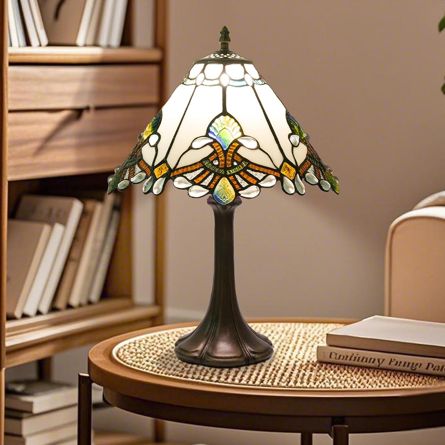 JHuiLap 12 Inch Tiffany Style Table Lamp, Baroque Stained Glass Lamp with Remote Control, Stepless Dimmable &3 Color Temperatures, Desk Lamps for Bedroom Farmhouse Bedside Nightstand Bedside (White)