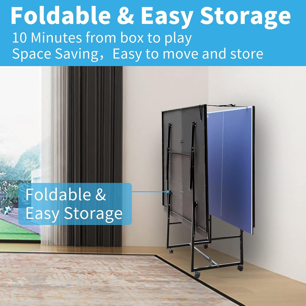 9FT Ping Pong Table Rolling Foldable Table Tennis Table for with Net, Table Tennis Paddles and Balls, Multi-Use Family Game Table for Teenager Adult, Folded with Single Player Playback Mode