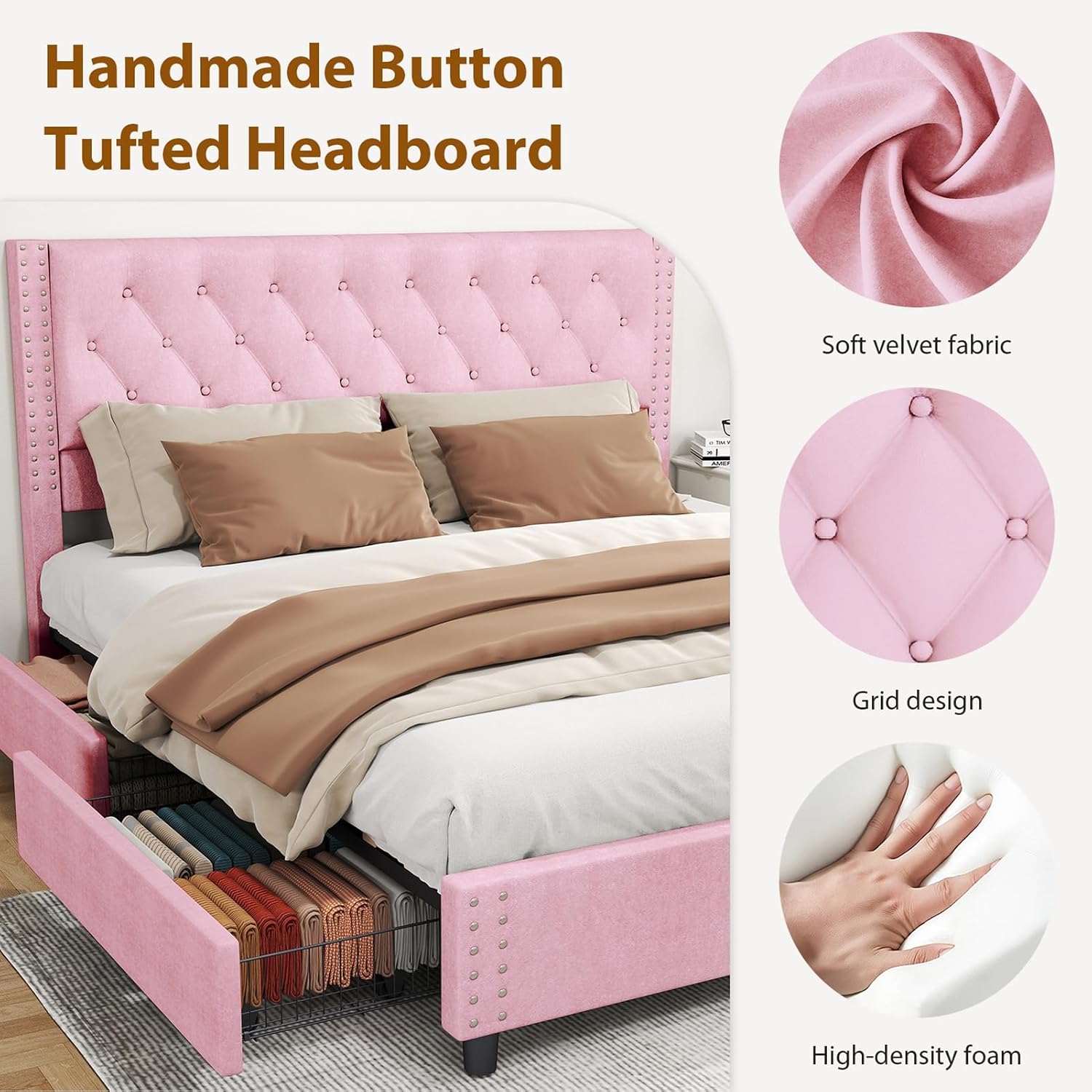 Brrnoo Metal Support King Bed Frame, Velvet Fabric Upholstered Headboard with Rivet Design, 4 Drawers, Easy Assembly for Home (Pink)