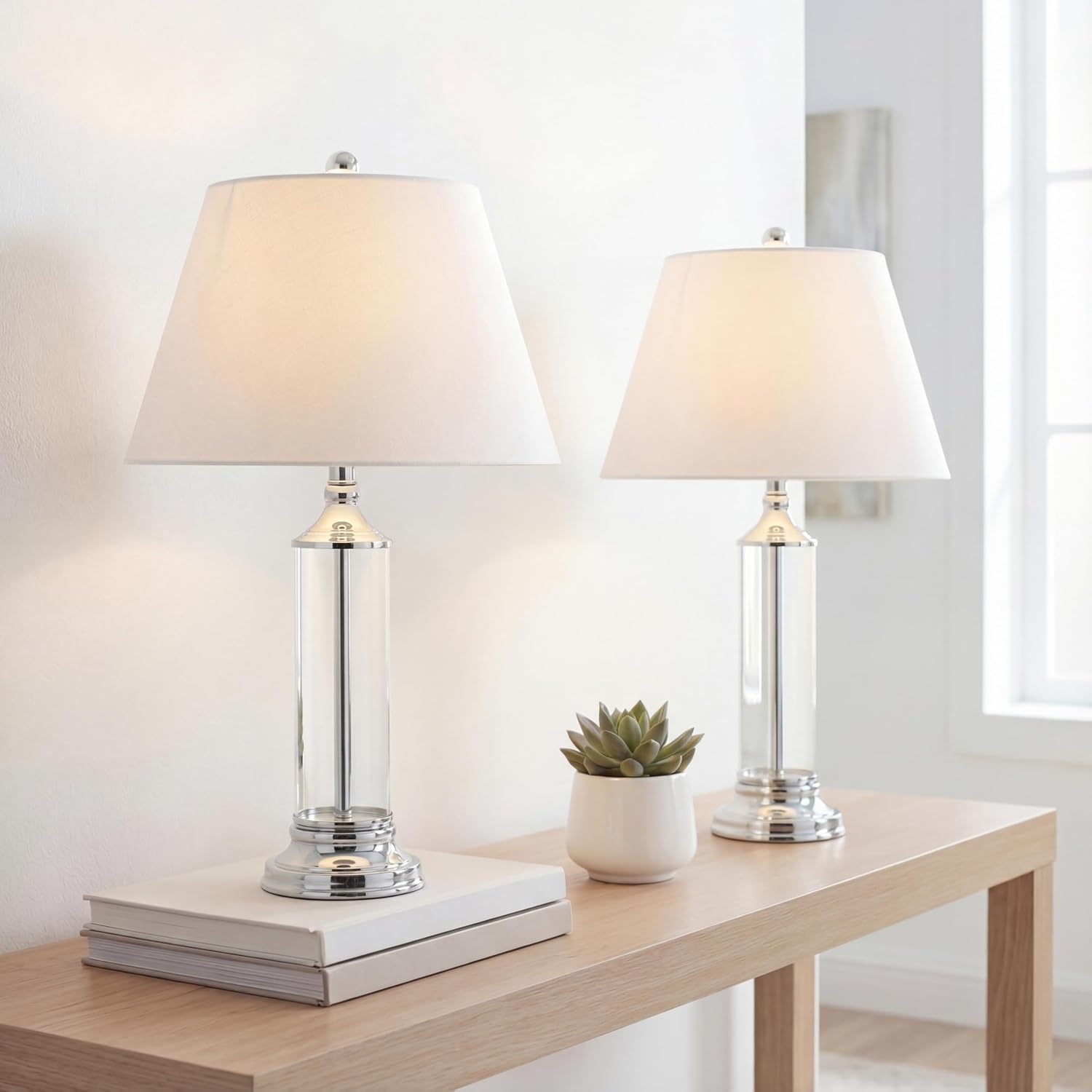 JONATHAN Y 29' Clear/Chrome Glass LED Table Lamp Set of 2, Modern Bedside Nightstand Lamps for Living Room Bedroom Office, White Linen Shade, Transitional Decor JYL4014A-SET2