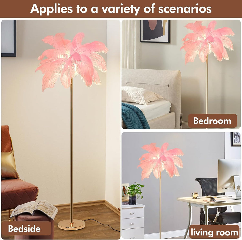 ZYLEIESENBAO Pink Feather Lamp Romantic Ostrich Feather Floor Lamp 3*G9bulbs Nordic Fluffy Standing Lamp for Creative Reading Lamp for Living Room Girl Bedroom Entryway Wedding Valentines Dating Gift