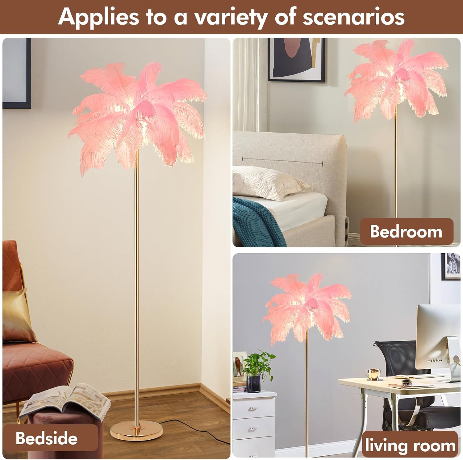 ZYLEIESENBAO Pink Feather Lamp Romantic Ostrich Feather Floor Lamp 3*G9bulbs Nordic Fluffy Standing Lamp for Creative Reading Lamp for Living Room Girl Bedroom Entryway Wedding Valentines Dating Gift