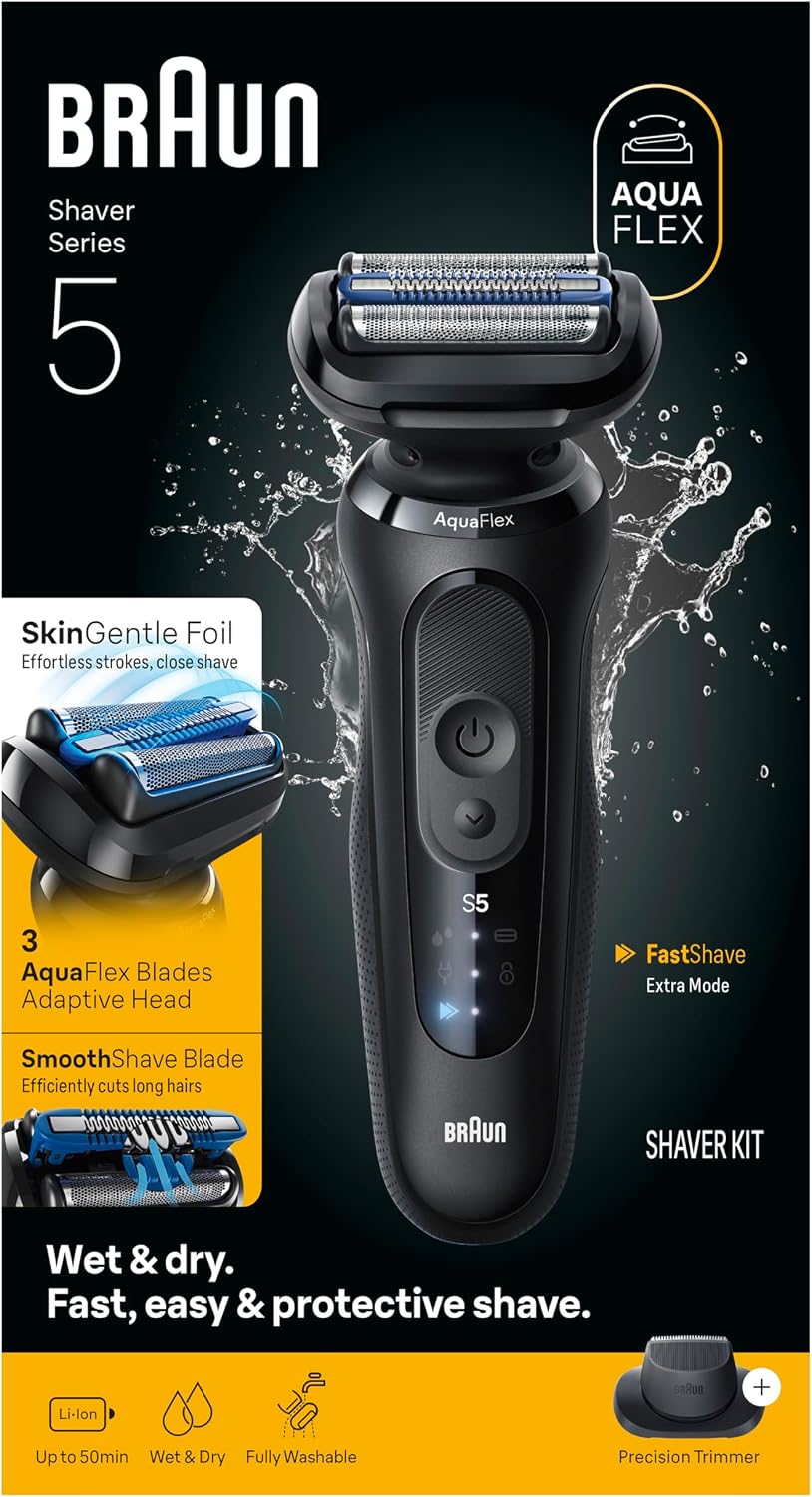Braun Series 5 Electric Shaver for Men, Wet & Dry Foil Razor, Precision Trimmer Attachment, Body Groomer Attachment, Charging Stand, Travel Case, Black 5155cs