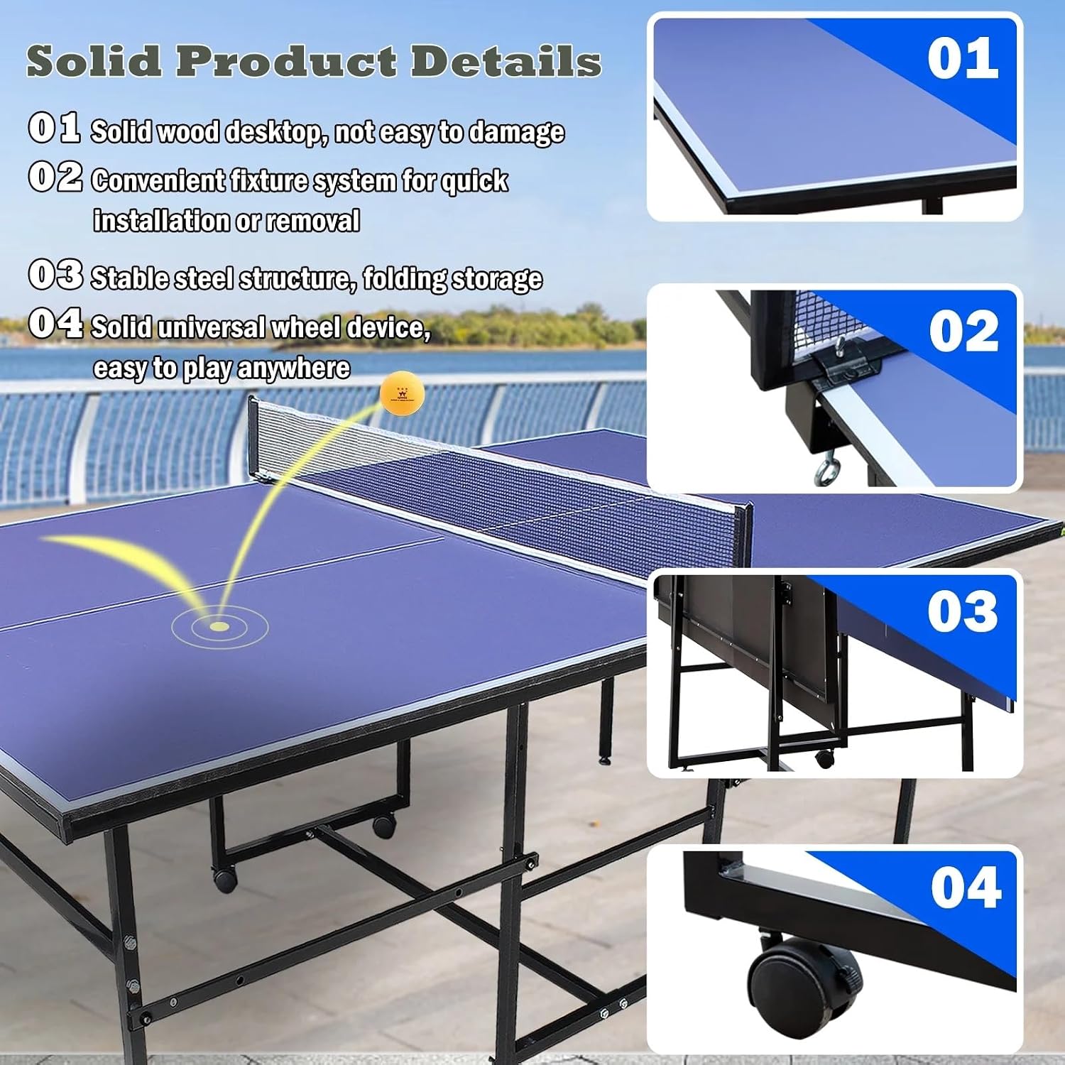 9FT Ping Pong Table Rolling Foldable Table Tennis Table for with Net, Table Tennis Paddles and Balls, Multi-Use Family Game Table for Teenager Adult, Folded with Single Player Playback Mode