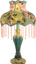 Green Victorian Table Lamp European Style Fabric Desk Lamps with Fringe Beaded Lampshade Painted Resin Base Handmade Vintage Flower Bedside Night Light for Bedroom Living Room Office