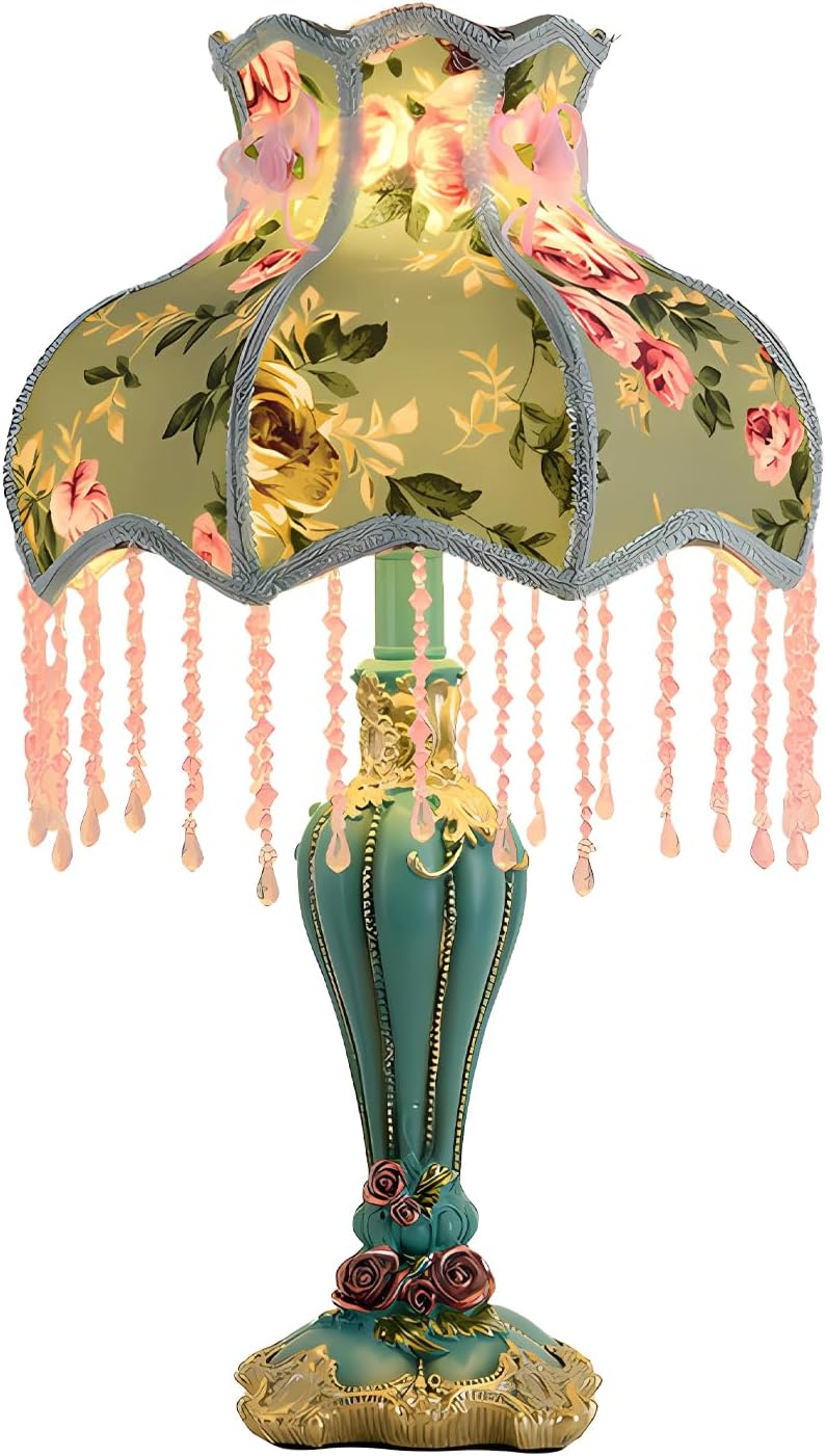 Green Victorian Table Lamp European Style Fabric Desk Lamps with Fringe Beaded Lampshade Painted Resin Base Handmade Vintage Flower Bedside Night Light for Bedroom Living Room Office
