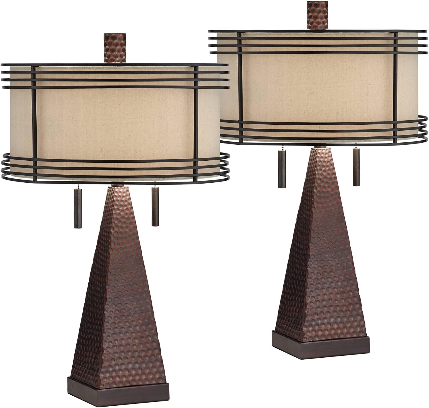 Franklin Iron Works Niklas 26' High Industrial Farmhouse Rustic Table Lamps Set of 2 USB Port Pull Chain Brown Bronze Finish Metal Tan Shade Living Room Charging Bedroom Bedside Nightstand House