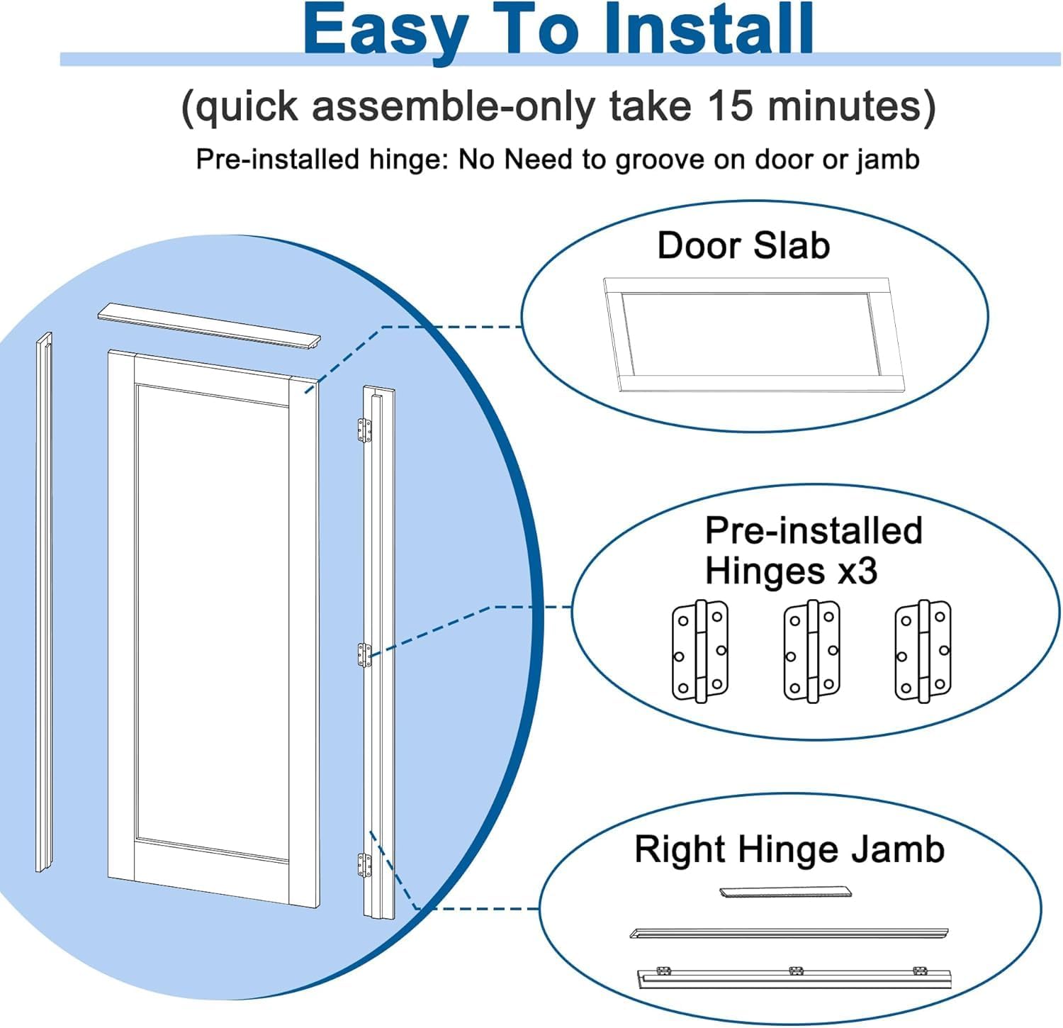 18' x 80' Prehung Door White Primed Panel Slab Doors with Jamb Kit, Solid Core MDF Interior Door for Bathroom Pantry Laundry, Easy Assemble - Right Handed