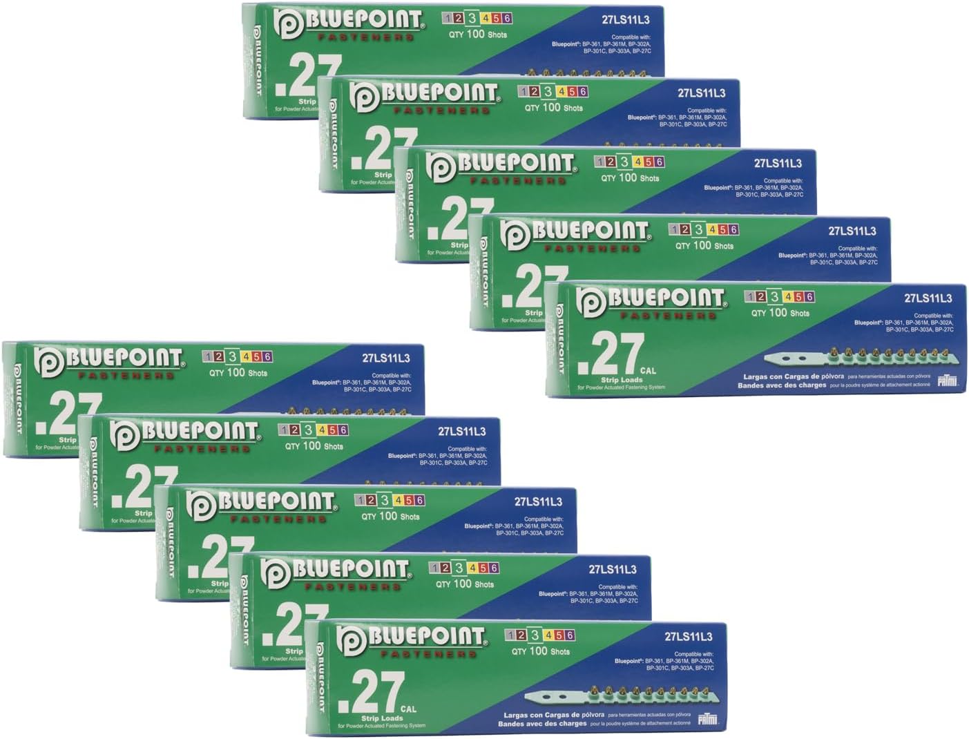 BLUEPOINT .27 Caliber Green Strip Powder Loads for Power Actuated Fastening System (1000 Count). Item# 27LS11L3. Ideal for Reliable Fastening Applications. 10-Pack Save $30