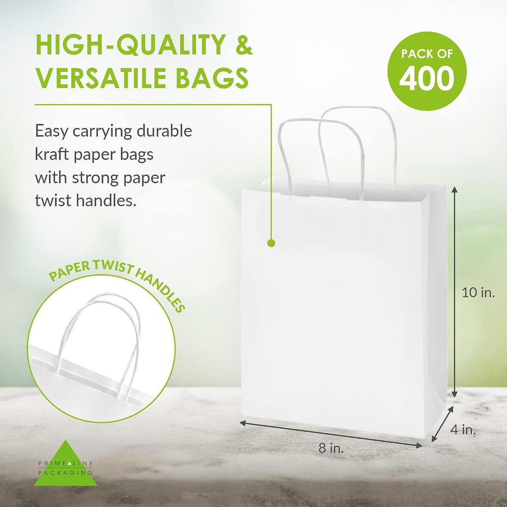 Prime Line Packaging White Paper Bags, Kraft Gift Bags with Handles for Small Business, Boutique, Retail, Shopping, Birthdays, Party Favors, Bulk, 8x4x10, 400 Pack