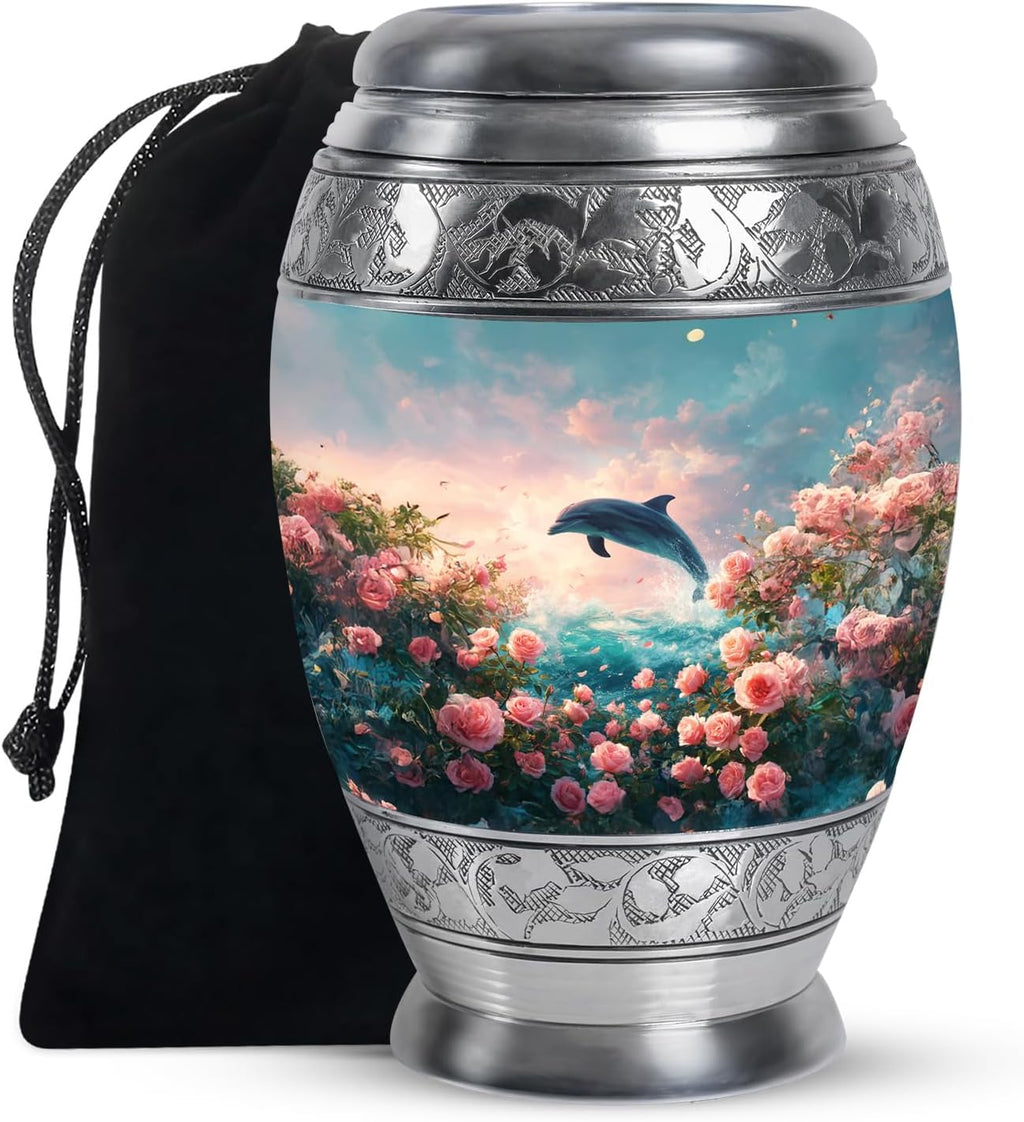 Dolphin Urn - Blue Memorial Urns for Human Ashes Decorative - Sunset Funeral Urns for Women & Adult Male - Large Pink Rose Burial Cremains Box for Adult Female - Funeral Gifts 10Inch