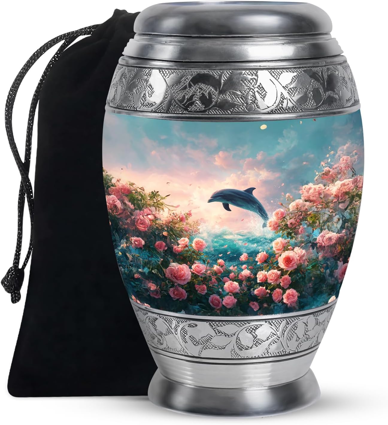 Dolphin Urn - Blue Memorial Urns for Human Ashes Decorative - Sunset Funeral Urns for Women & Adult Male - Large Pink Rose Burial Cremains Box for Adult Female - Funeral Gifts 10Inch