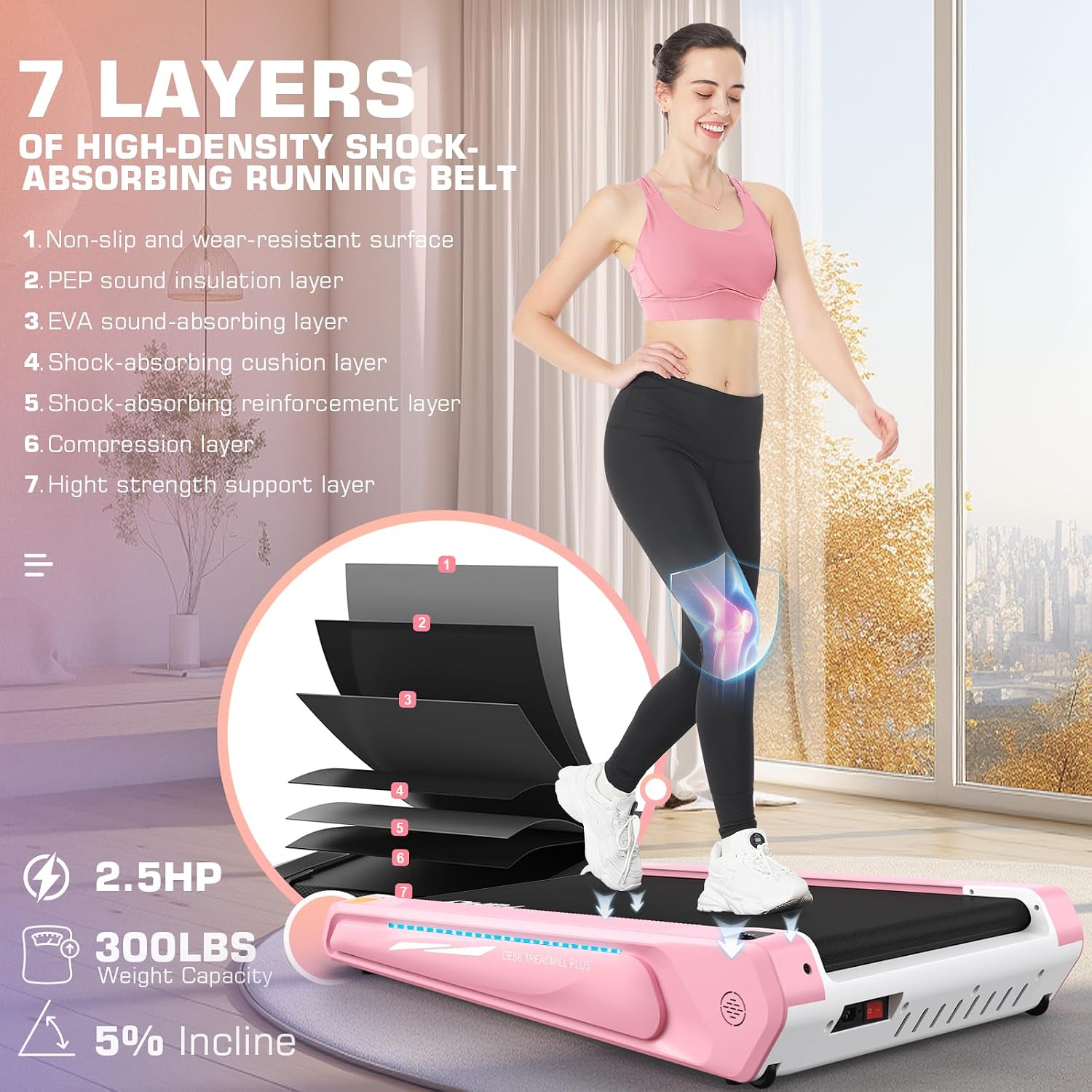 FUNMILY Walking Pad Treadmill with 5% Incline, 2.5HP Smallest Under Desk Treadmill for Home Office, Compact Walking 300lbs Weight Capacity/Remote Control/Lighting Design(Balck Red)