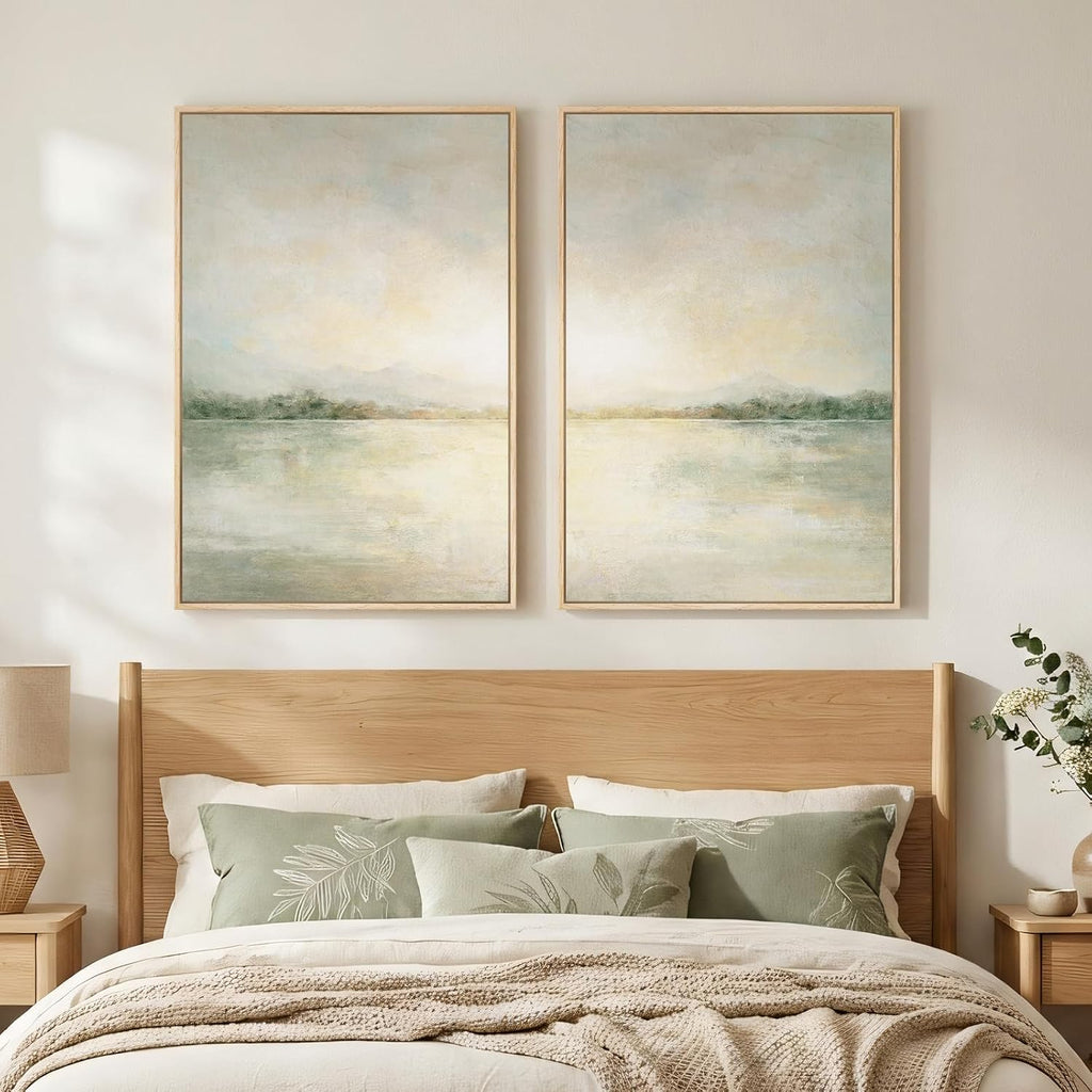 mxart Framed Sage Green Abstract Wall Art for Living Room, Large Set of 2 Abstract Landscape Canvas Artwork for Walls, Minimalist Painting Print for Bedroom Dining Room Office Hallway Wall Decor, 24x36 Inch