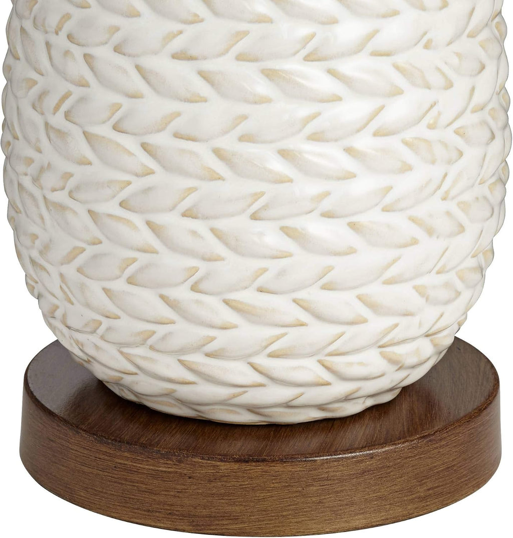 Possini Euro Design Kingston Mid Century Modern Table Lamp 32 3/4' Tall White Grooved Patterned Ceramic Taupe Drum Shade for Bedroom Living Room House Bedside Nightstand Home Office Entryway Family