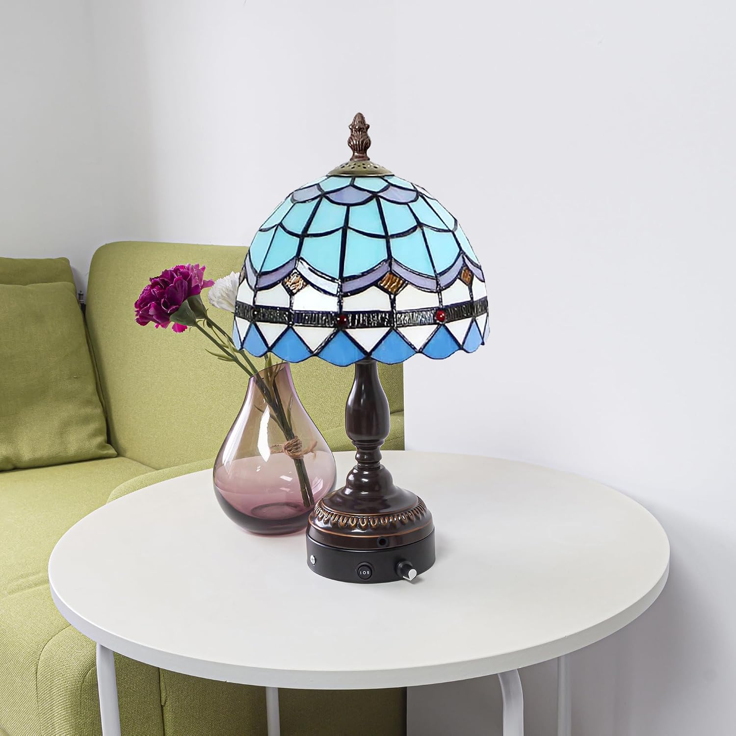 Kiven Cordless Table Lamp,1-Light Dimmable Bedside Lamps for Nightstand with Pink Glass Lampshade, Tiffany-Style Rechargeable Desk Lamp for Reading Home Decor Bedside TD0759