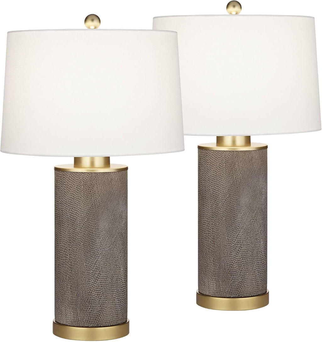 360 Lighting Gilson 24 3/4' High Modern Glam Luxe Table Lamps Set of 2 Gold Textured Gray Finish Ceramic Fabric White Shade Living Room Bedroom Bedside Nightstand House Office Home Reading