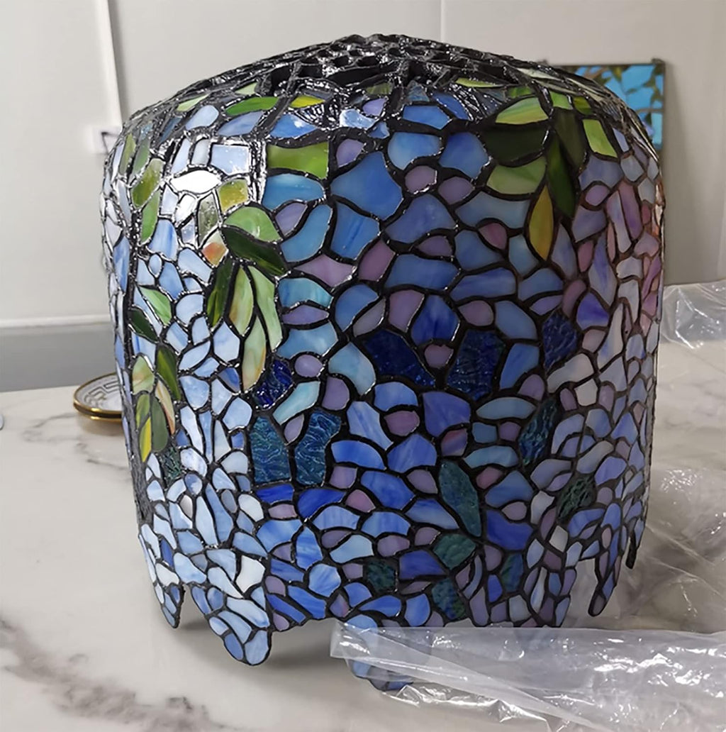 Wisteria Lamp, Tiffany Style Green Pink Stained Glass Table Lamp, Green Leaves Shade Bedroom Bedside Lamp, Living Room Office Table Decoration Lamp with Pull Cord Switch