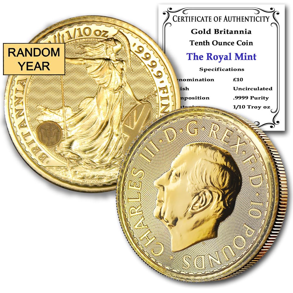 1987 - Present (Random Year) 1/10 oz British Gold Britannia Coin by the Royal Mint Brilliant Uncirculated with Certificate of Authenticity £10 BU